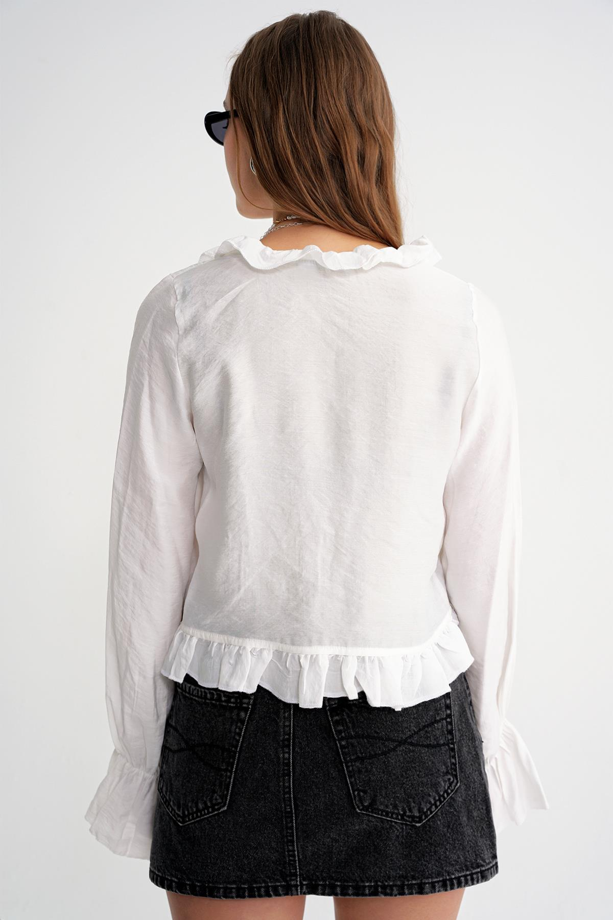 4712 Kadın Volanlı Modal Bolero Bluz Beyaz