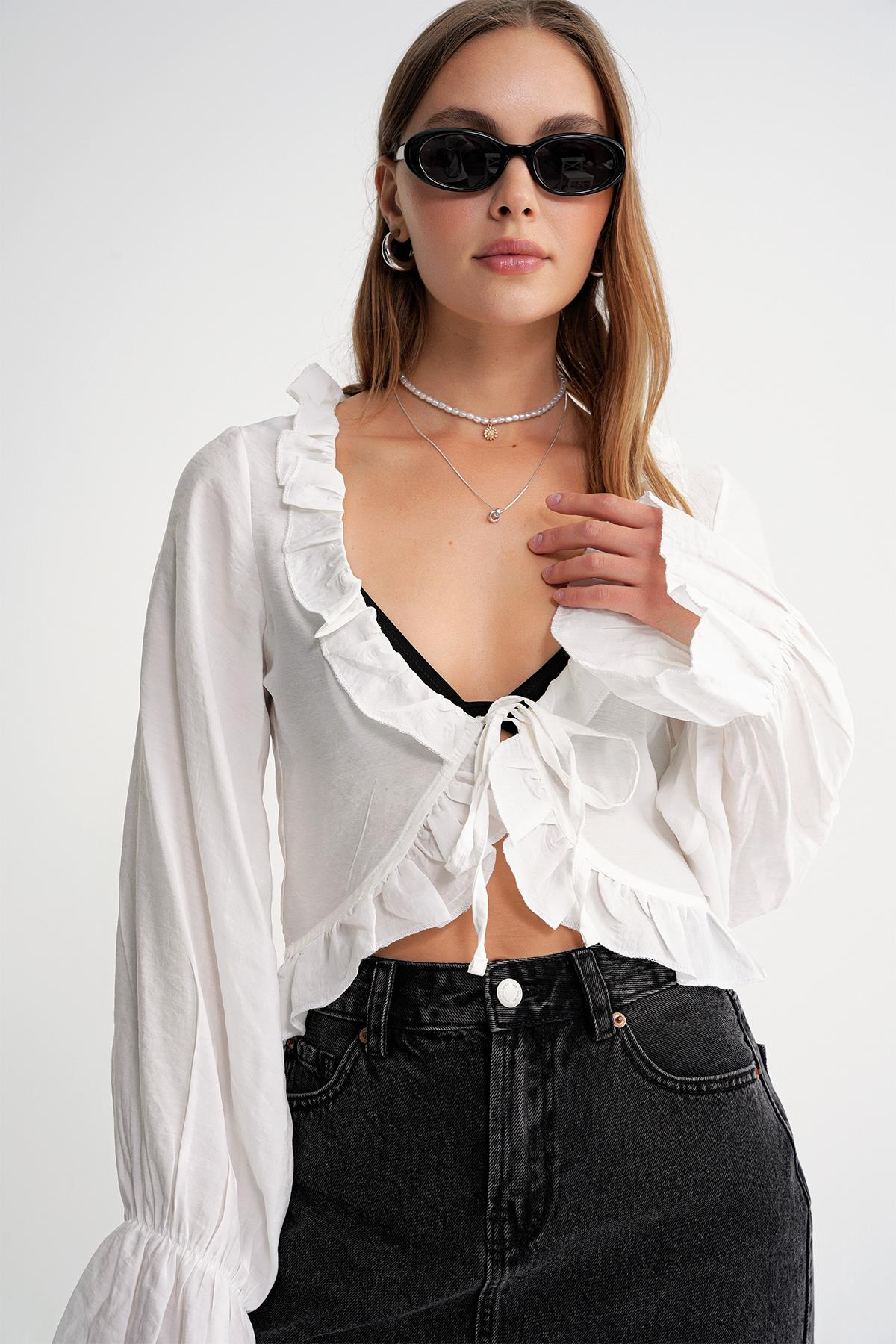 4712 Kadın Volanlı Modal Bolero Bluz Beyaz