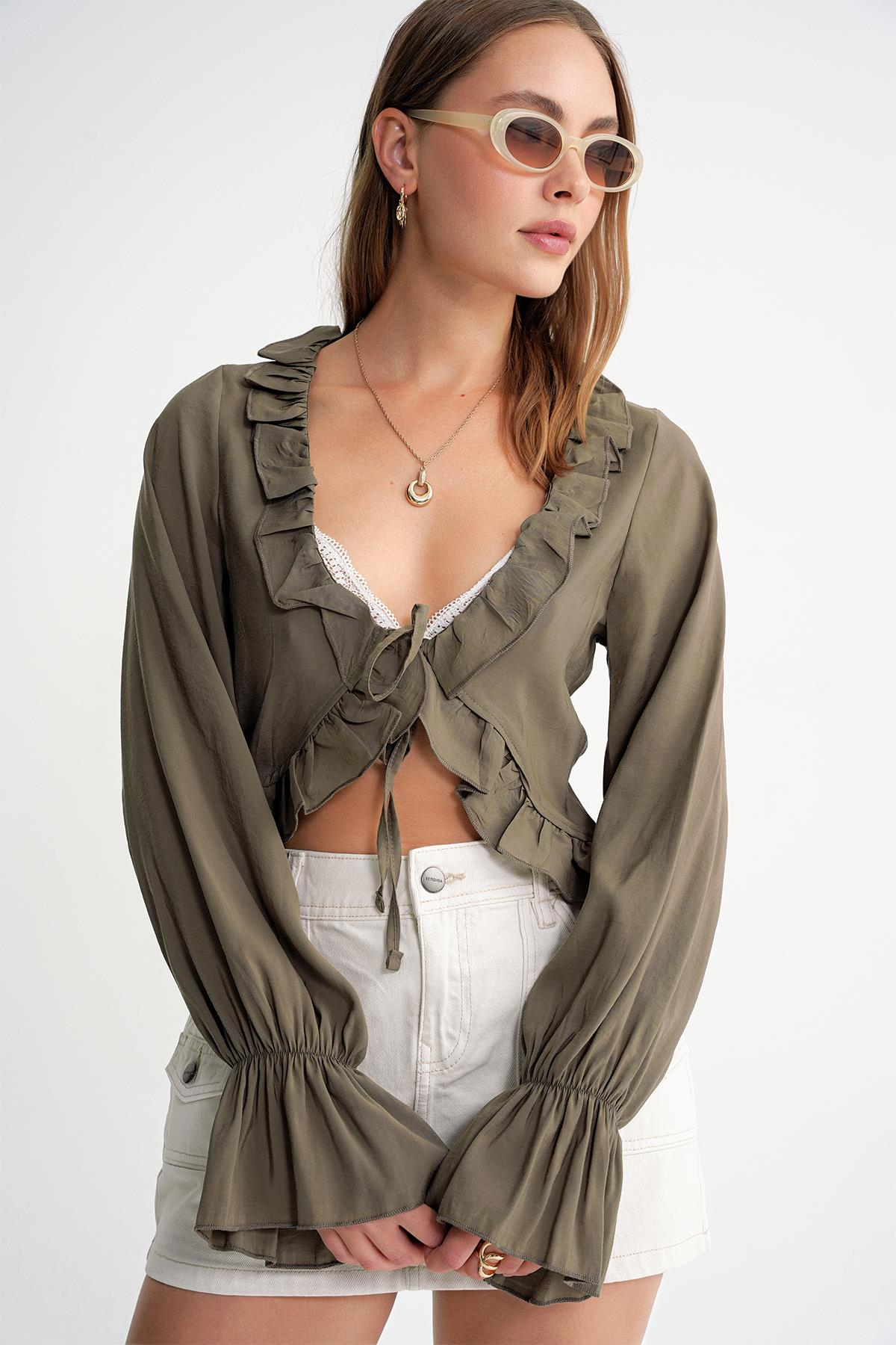 4712 Kadın Volanlı Modal Bolero Bluz Haki