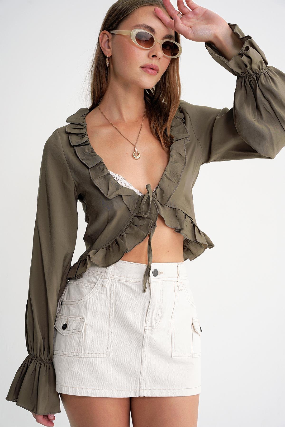 4712 Kadın Volanlı Modal Bolero Bluz Haki