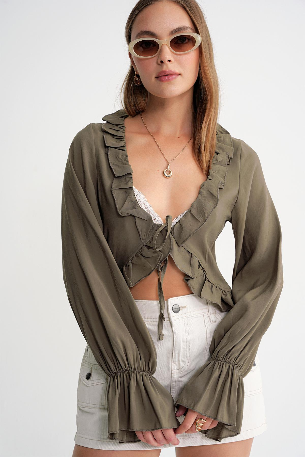 4712 Kadın Volanlı Modal Bolero Bluz Haki