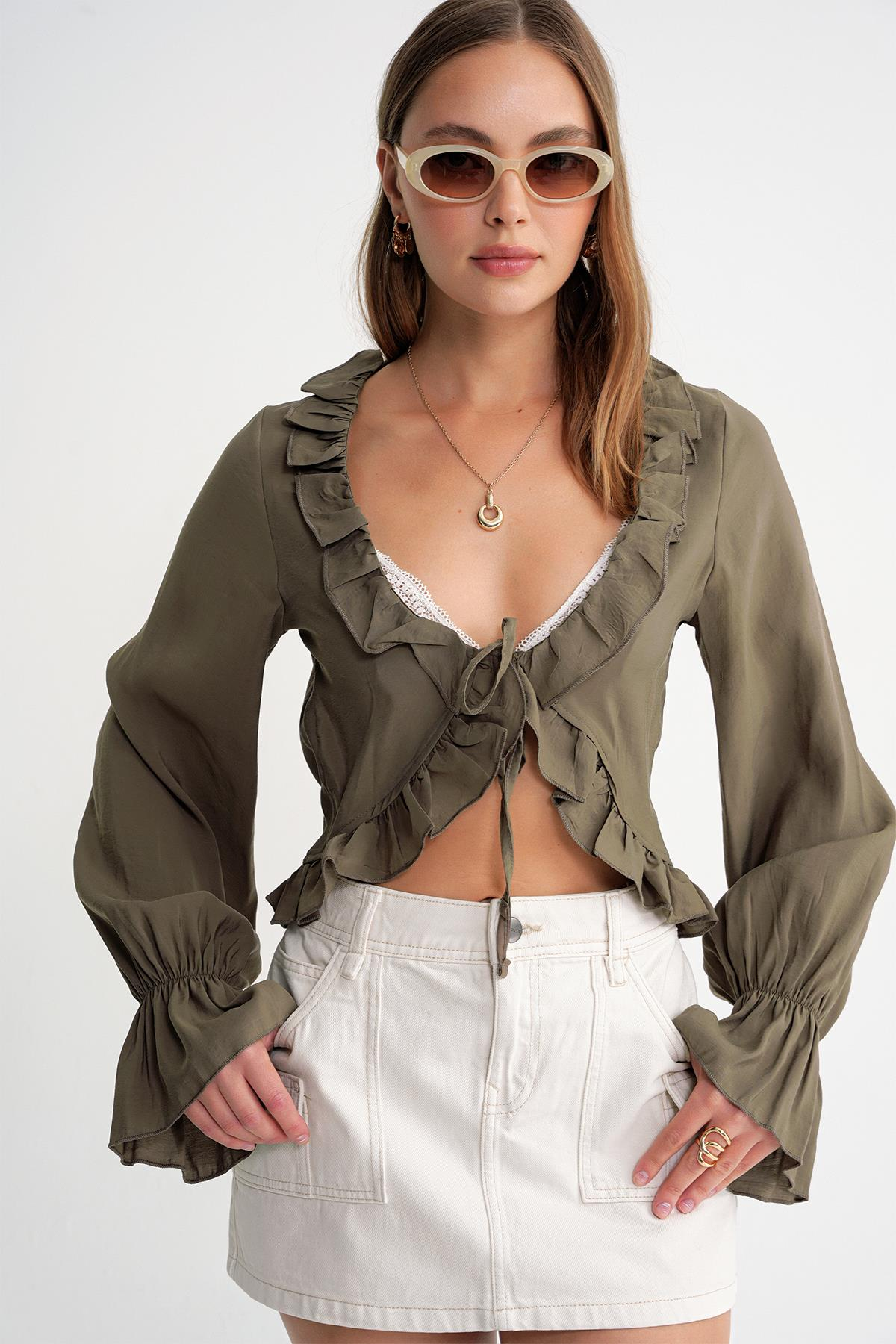 4712 Kadın Volanlı Modal Bolero Bluz Haki