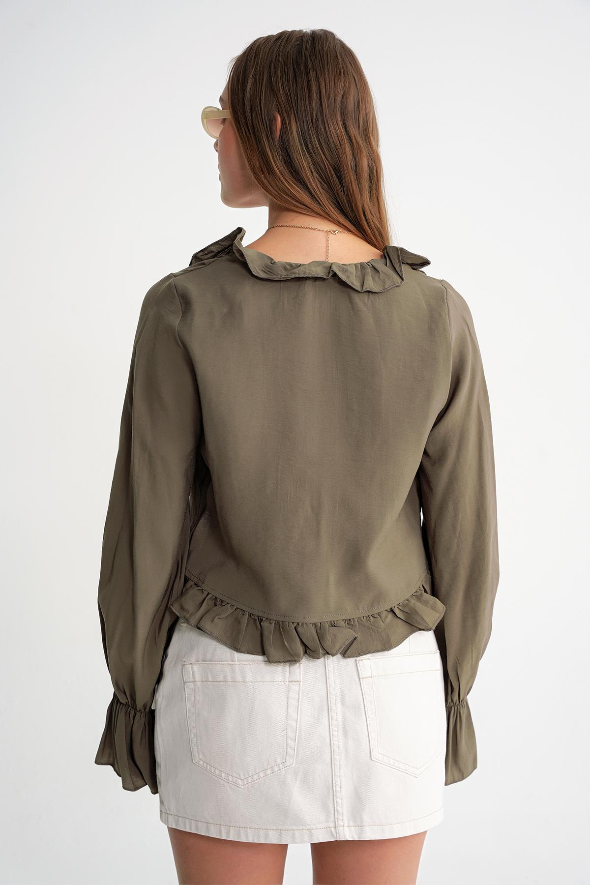 4712 Kadın Volanlı Modal Bolero Bluz Haki