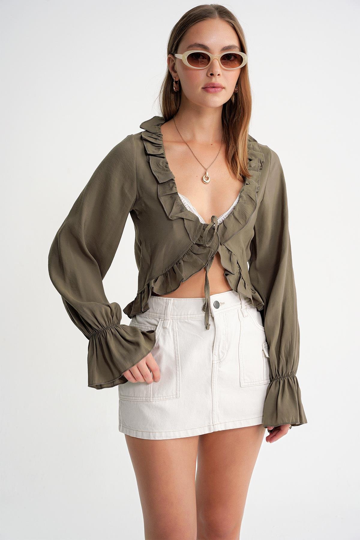 4712 Kadın Volanlı Modal Bolero Bluz Haki