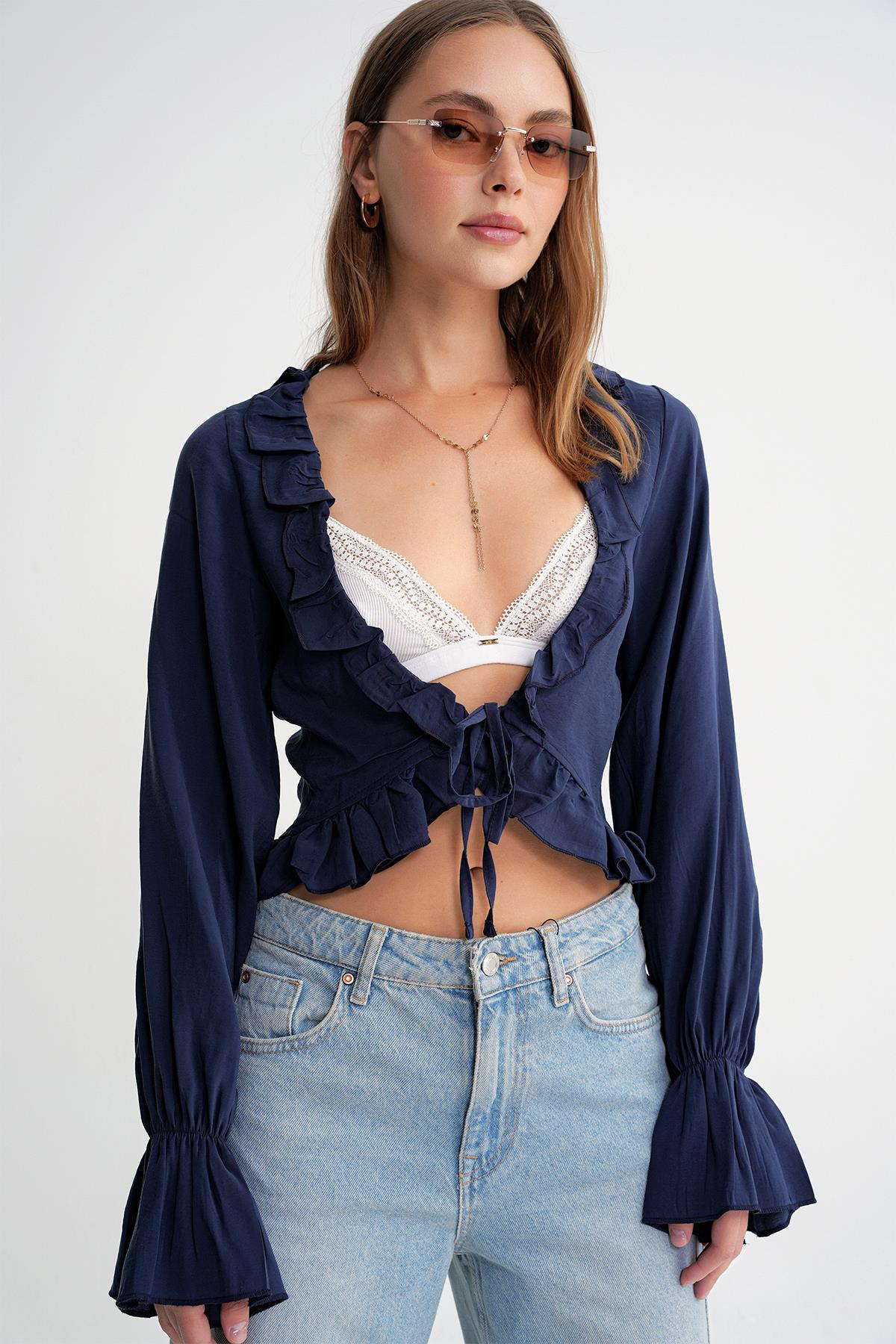 4712 Kadın Volanlı Modal Bolero Bluz Lacivert