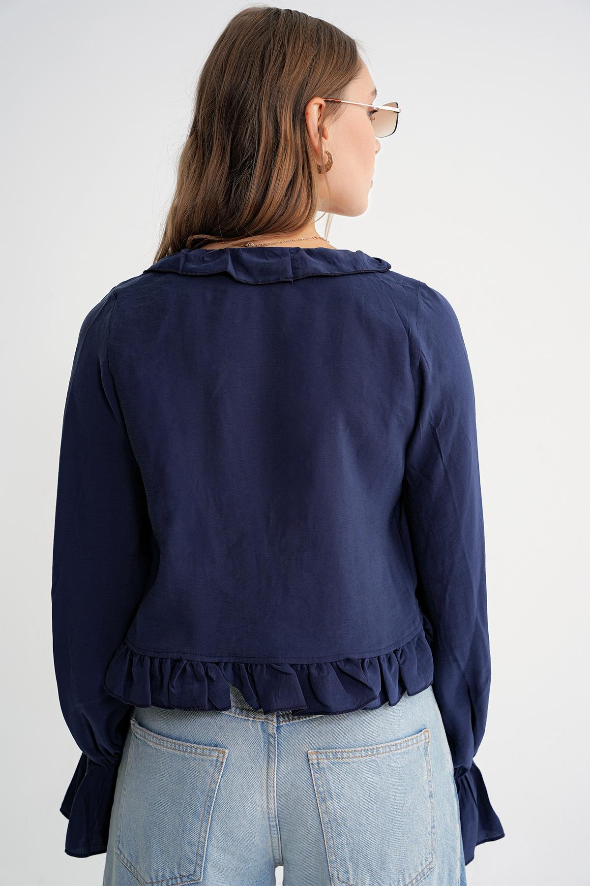 4712 Kadın Volanlı Modal Bolero Bluz Lacivert