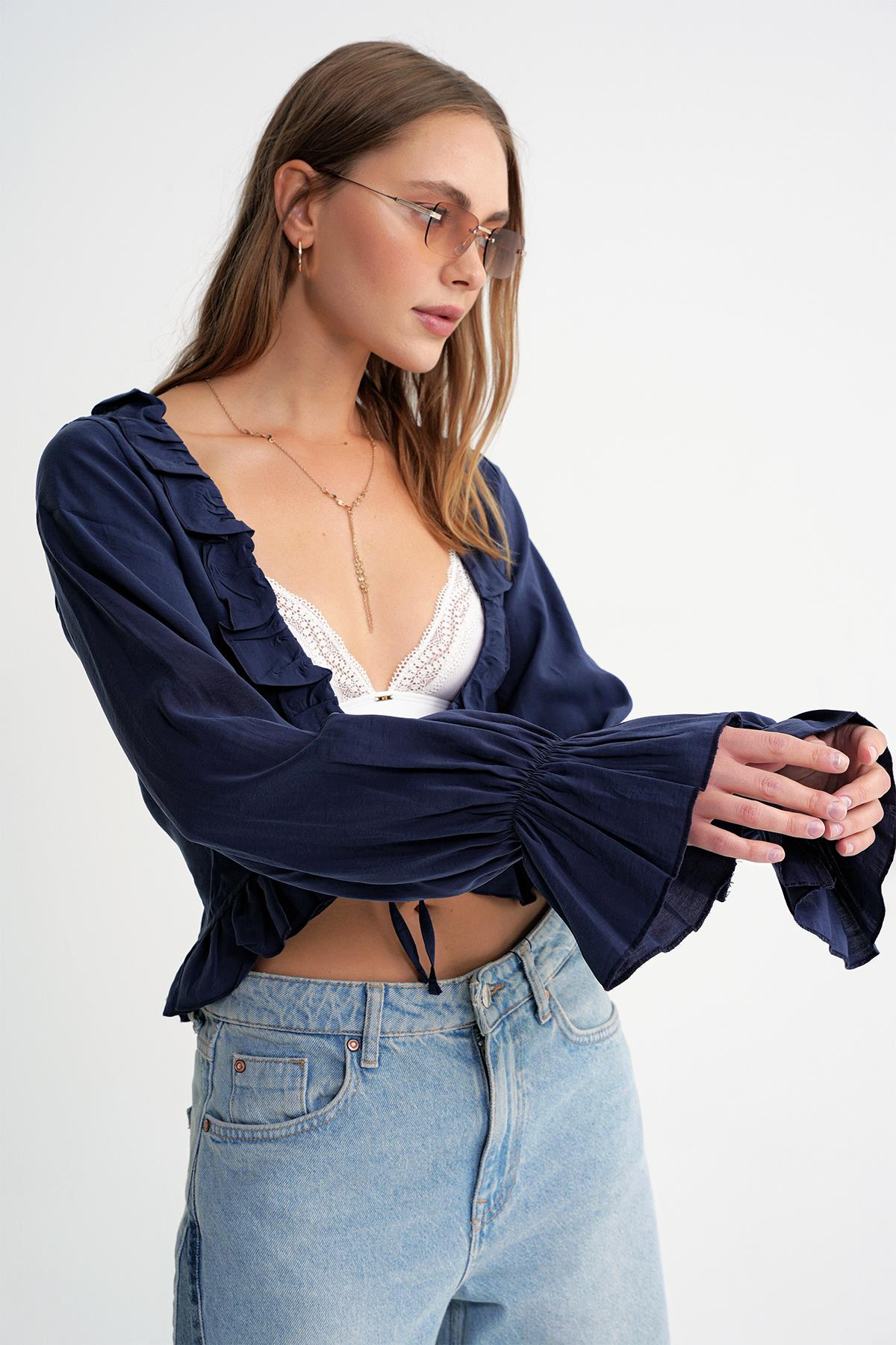 4712 Kadın Volanlı Modal Bolero Bluz Lacivert