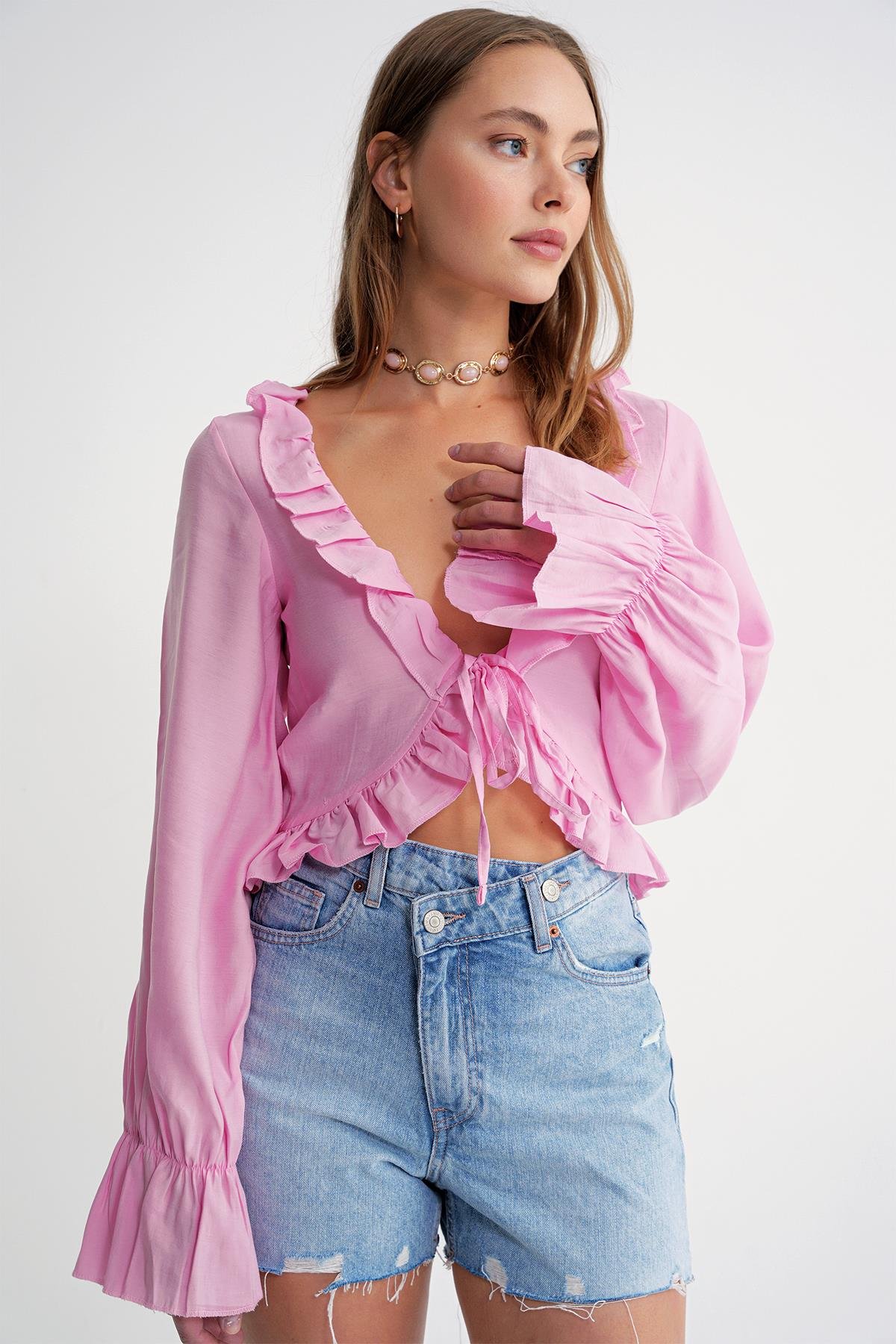 4712 Kadın Volanlı Modal Bolero Bluz Pembe