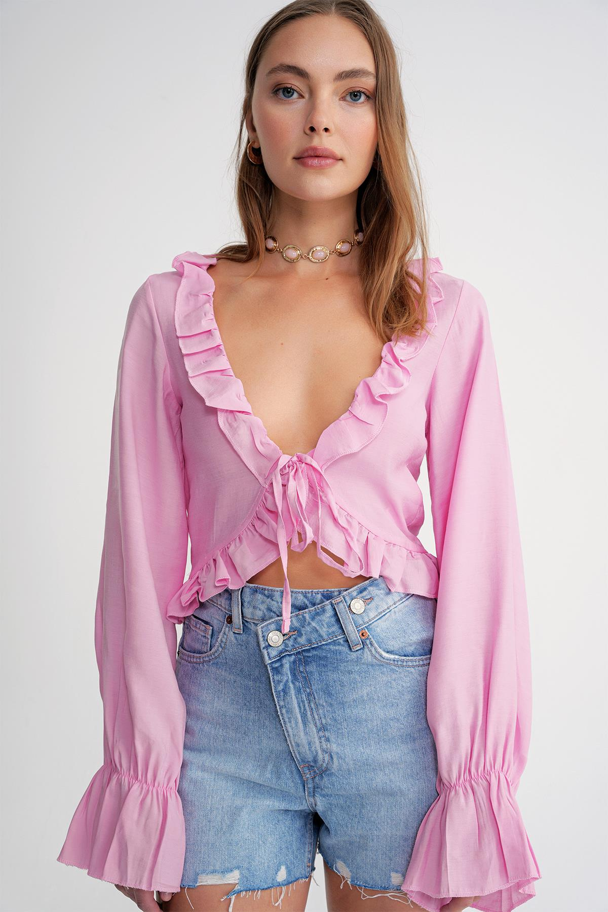 4712 Kadın Volanlı Modal Bolero Bluz Pembe