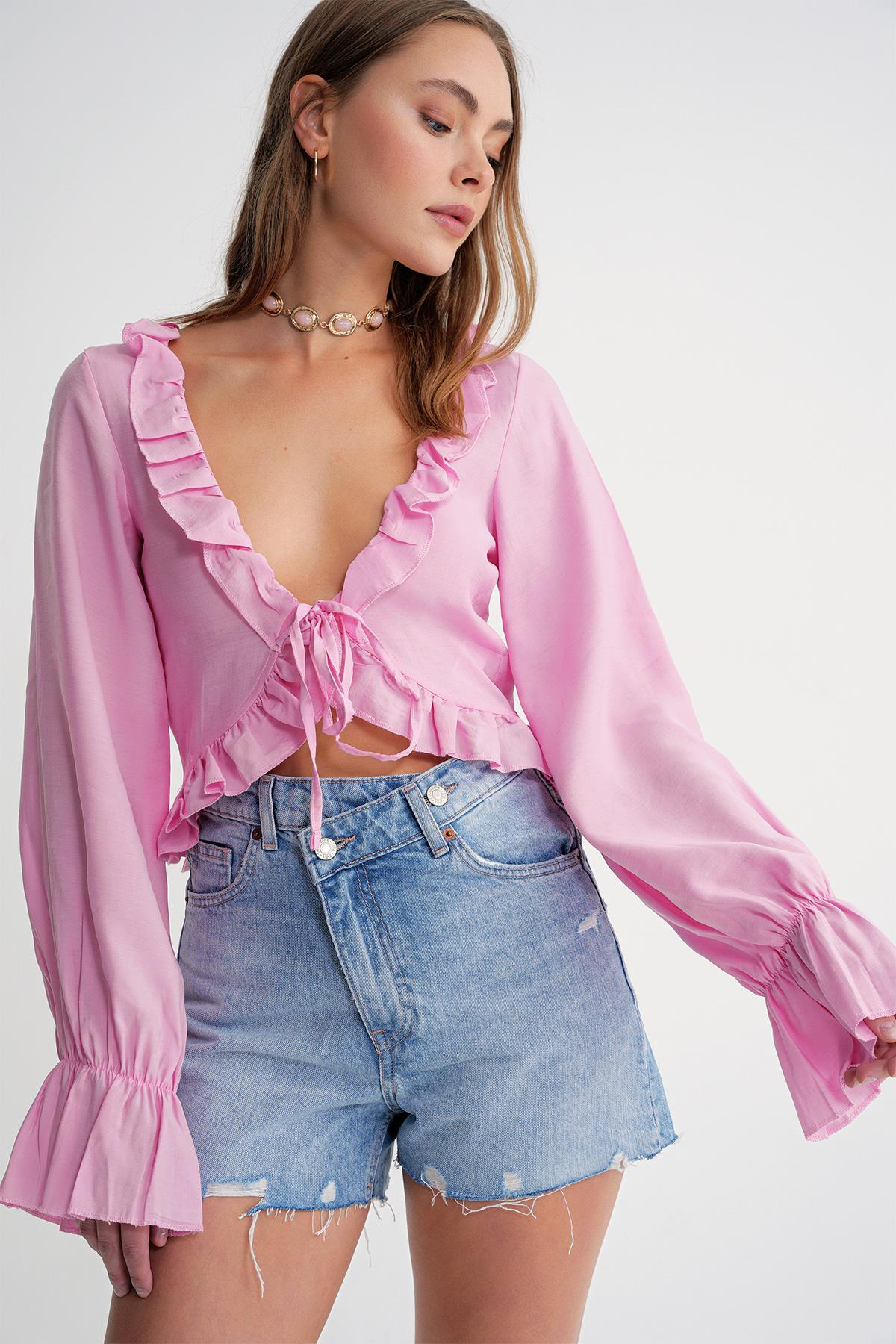 4712 Kadın Volanlı Modal Bolero Bluz Pembe