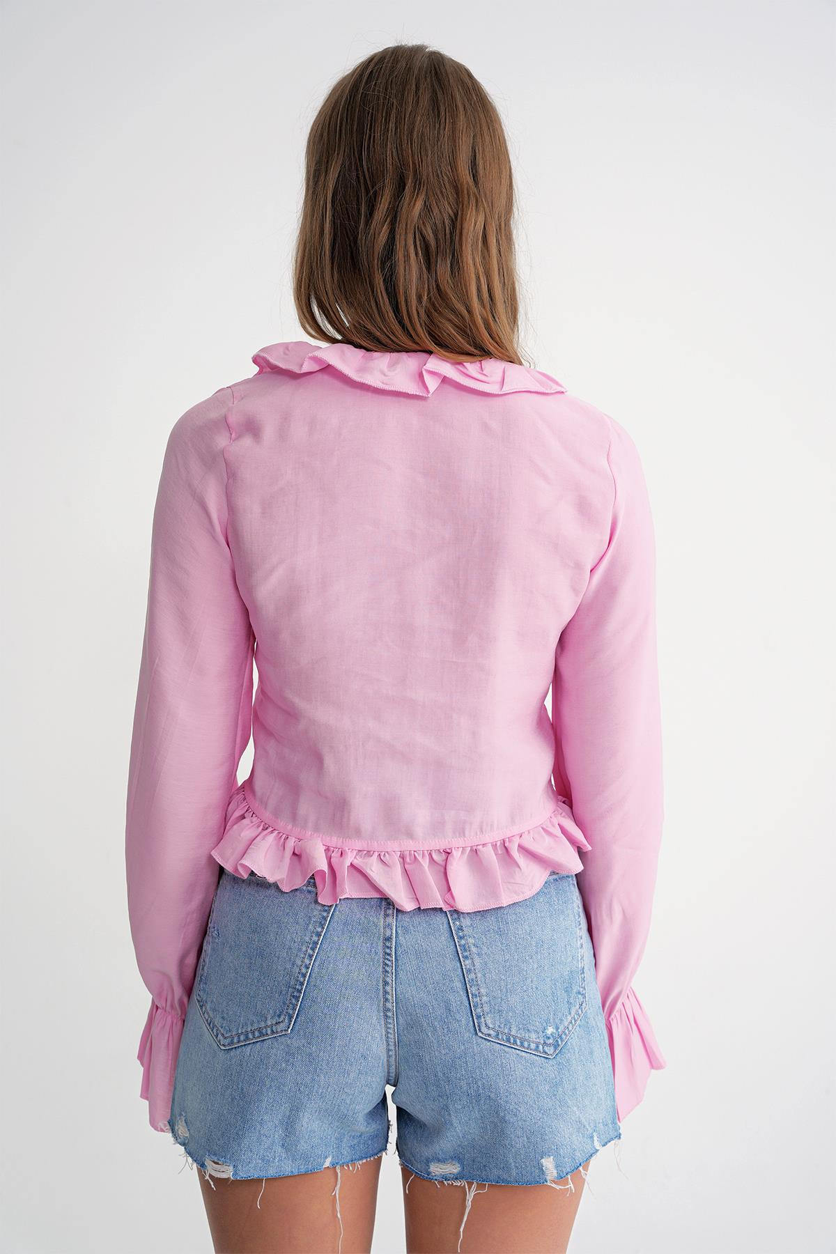 4712 Kadın Volanlı Modal Bolero Bluz Pembe