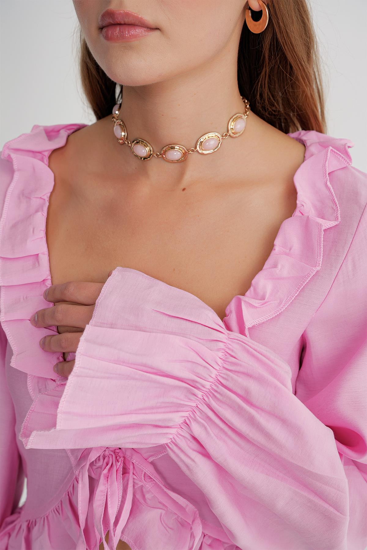 4712 Kadın Volanlı Modal Bolero Bluz Pembe