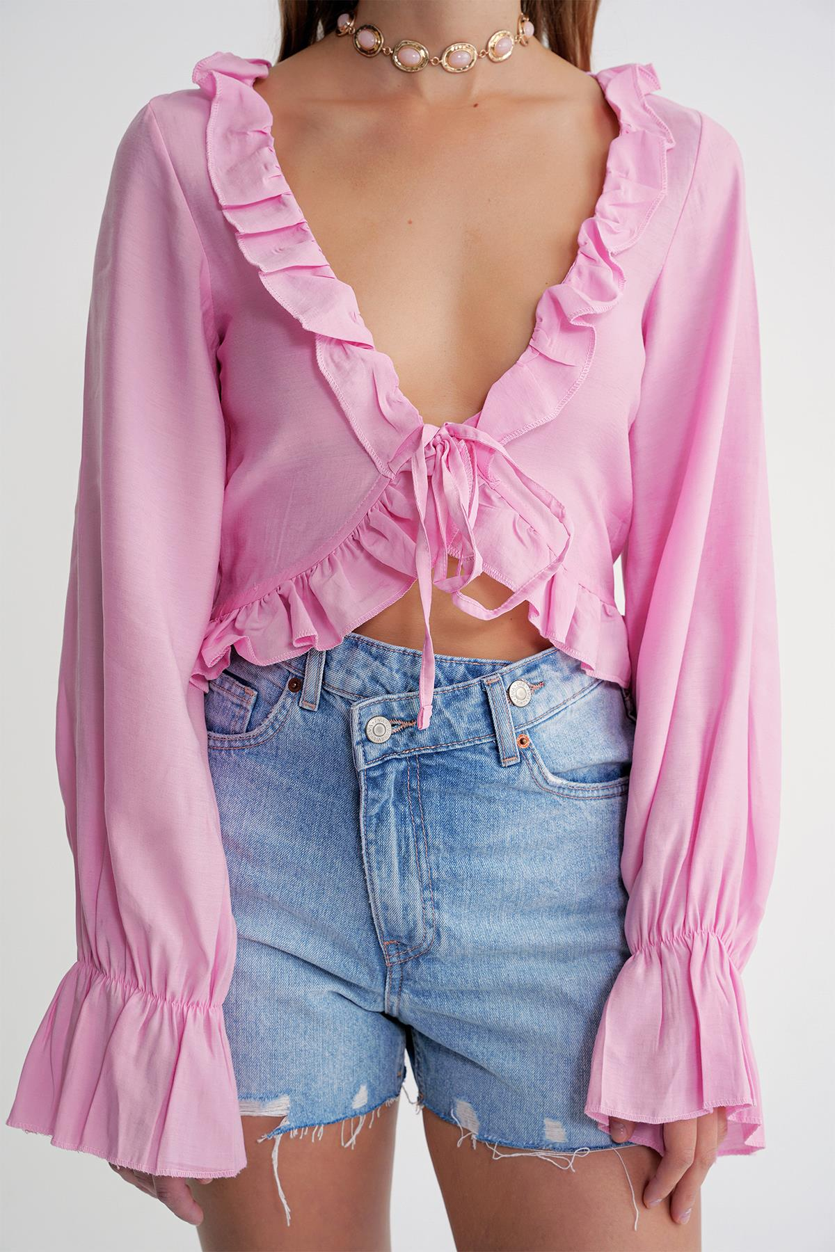 4712 Kadın Volanlı Modal Bolero Bluz Pembe