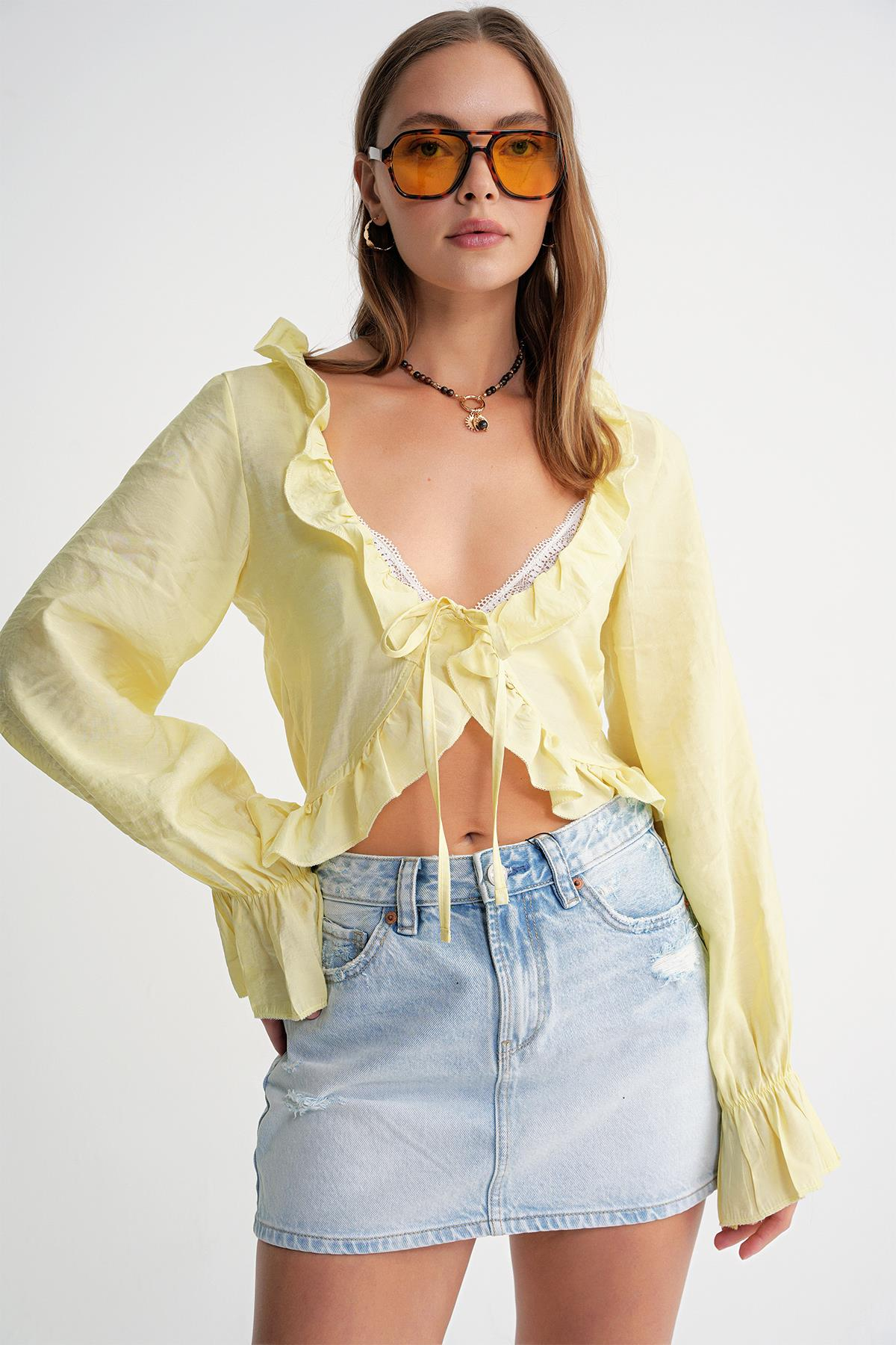 4712 Kadın Volanlı Modal Bolero Bluz Sarı