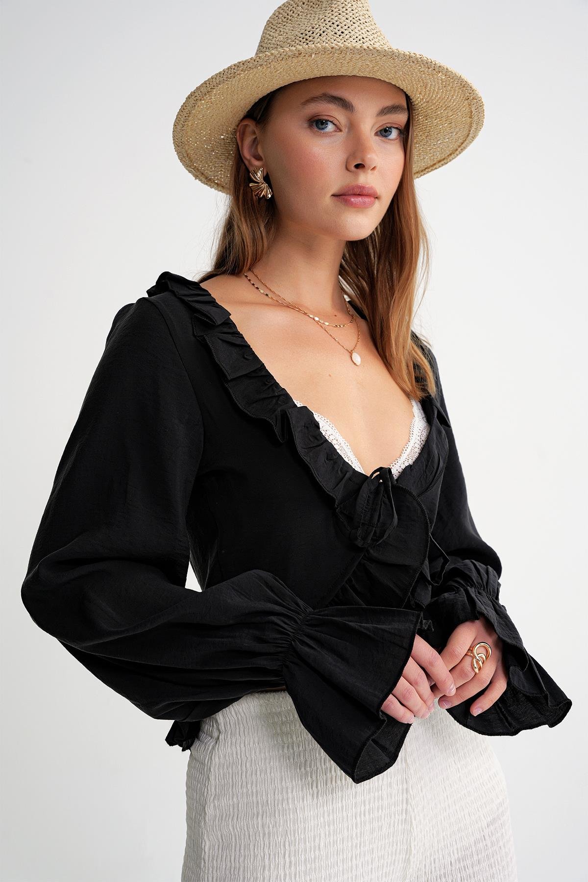 4712 Kadın Volanlı Modal Bolero Bluz Siyah