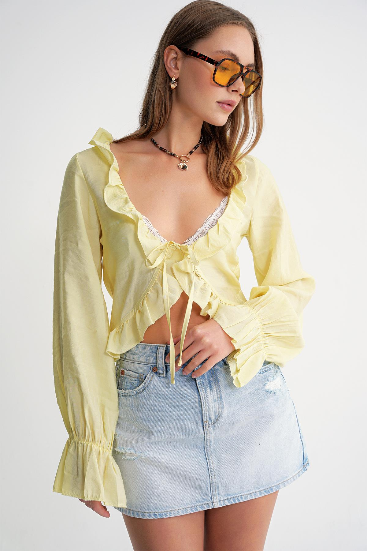 4712 Kadın Volanlı Modal Bolero Bluz Sarı