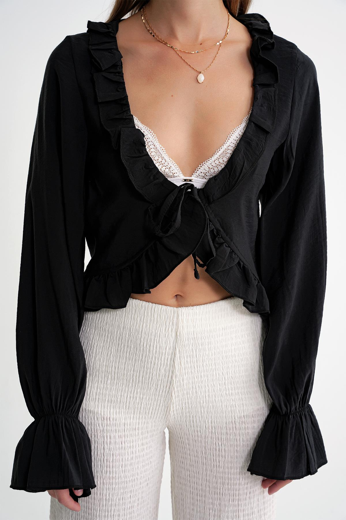 4712 Kadın Volanlı Modal Bolero Bluz Siyah