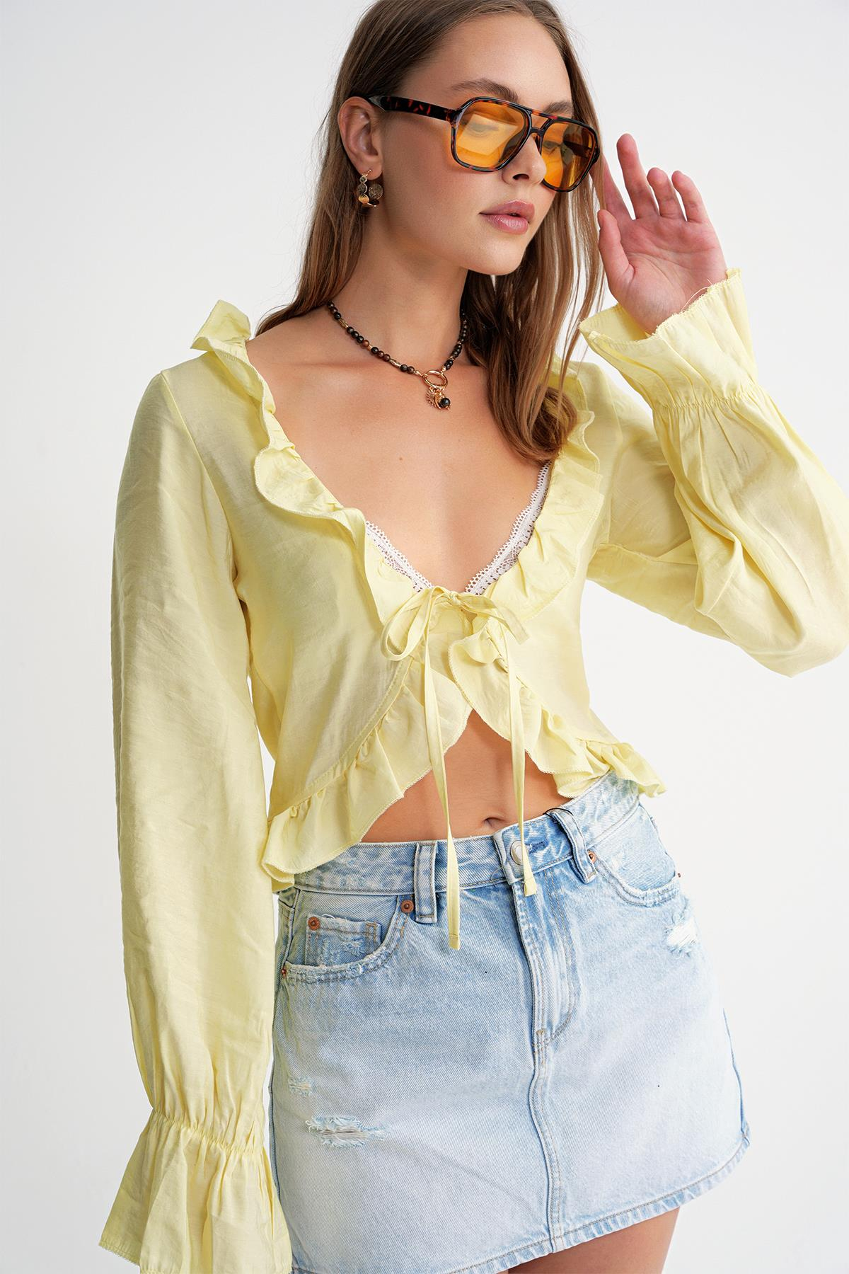 4712 Kadın Volanlı Modal Bolero Bluz Sarı