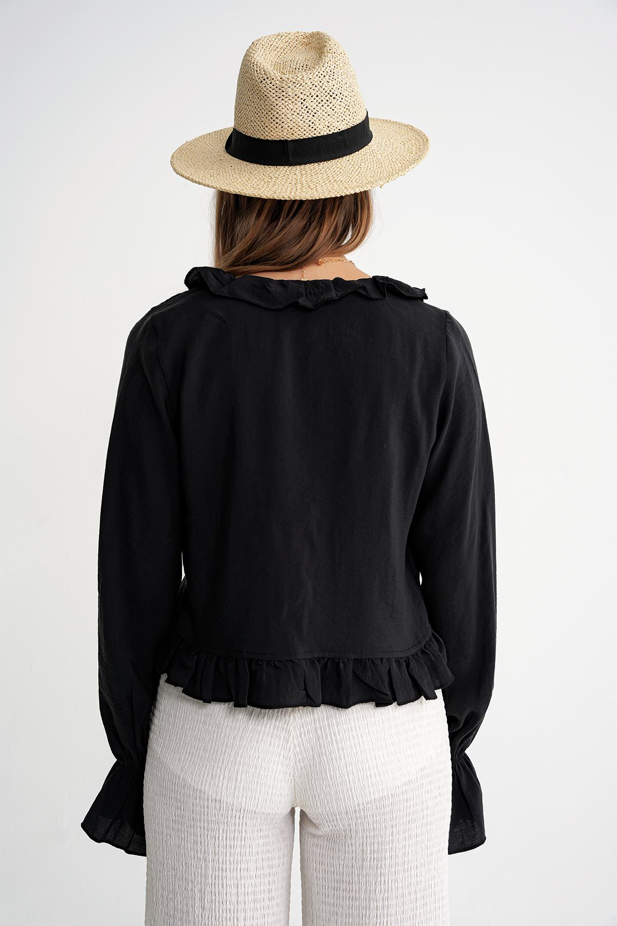 4712 Kadın Volanlı Modal Bolero Bluz Siyah