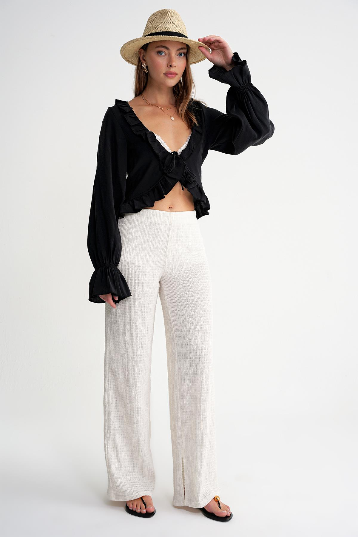 4712 Kadın Volanlı Modal Bolero Bluz Siyah