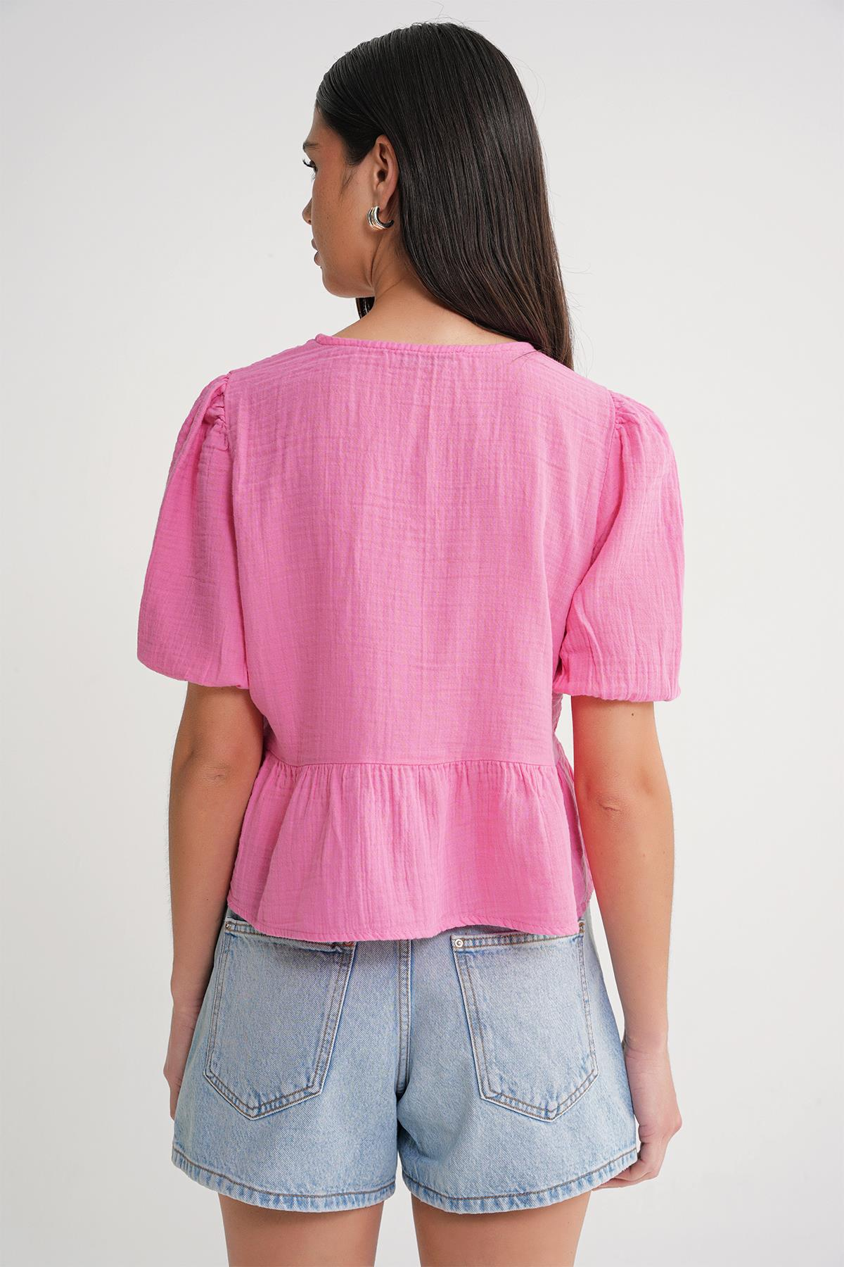 4713 Kadın Beli Büzgülü Kolu Lastikli Bol Müslin Bluz Pembe