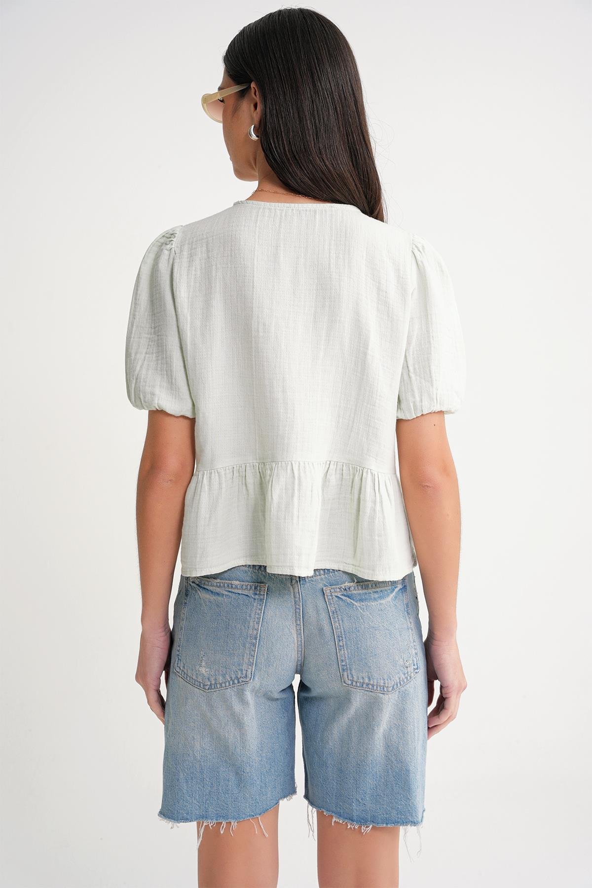 4713 Kadın Beli Büzgülü Kolu Lastikli Bol Müslin Bluz Adaçayı