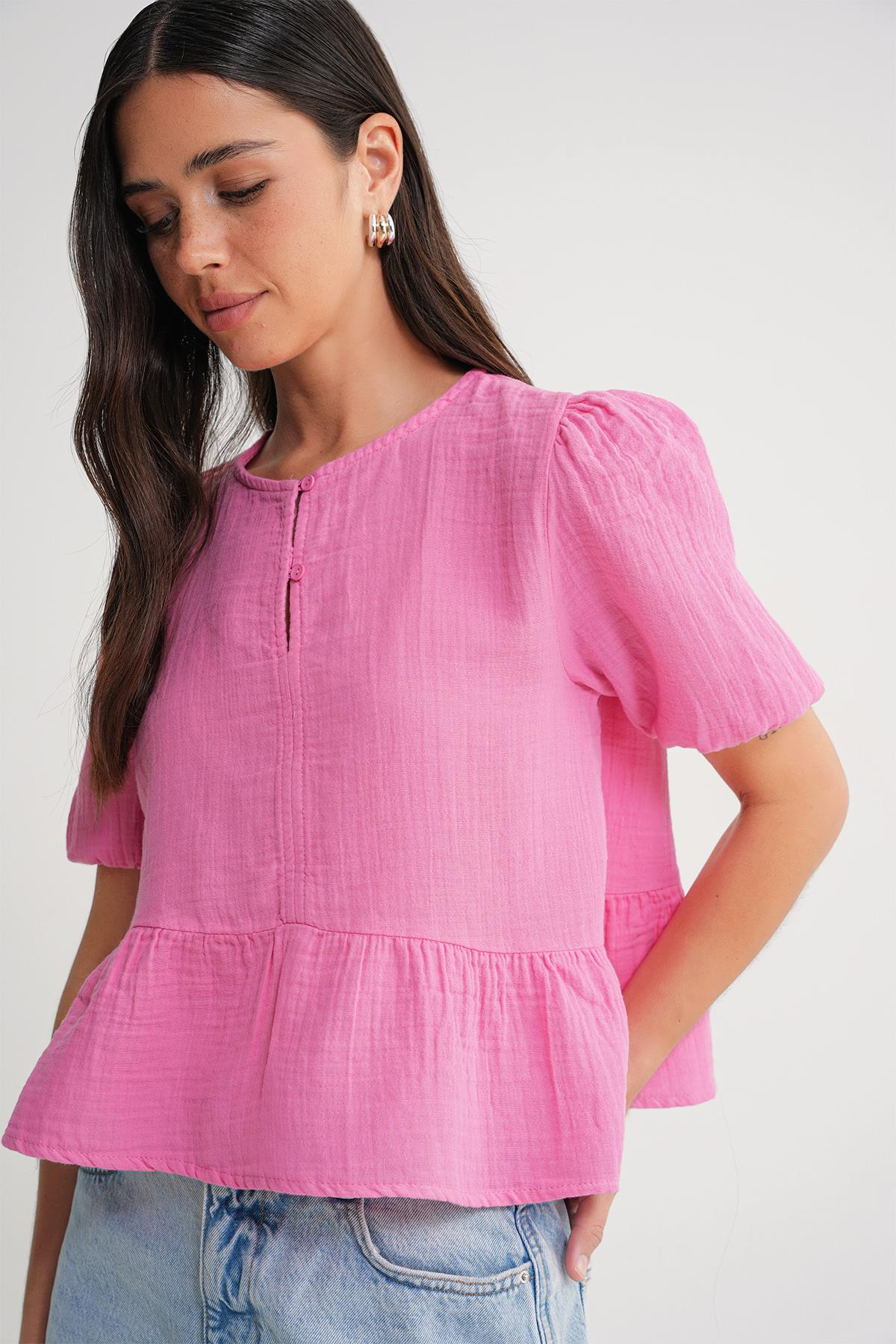 4713 Kadın Beli Büzgülü Kolu Lastikli Bol Müslin Bluz Pembe