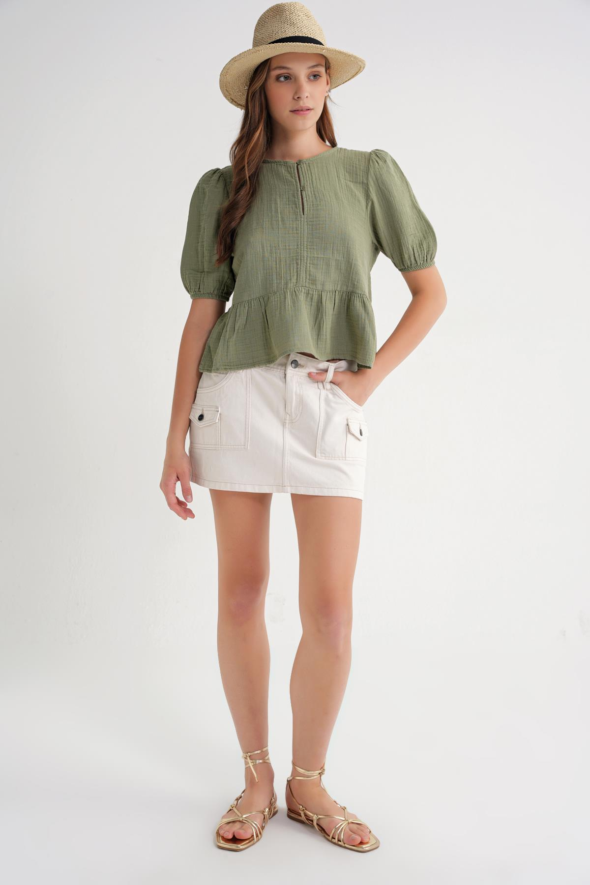 4713 Kadın Beli Büzgülü Kolu Lastikli Bol Müslin Bluz Çağla