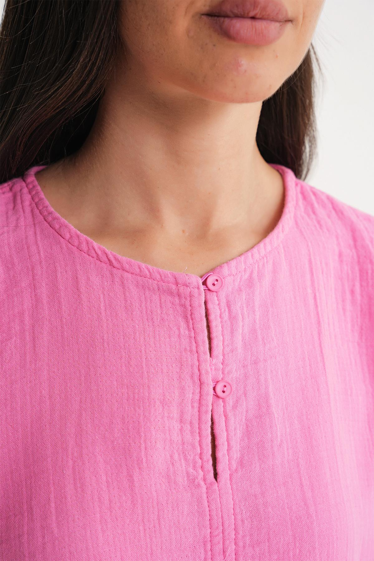 4713 Kadın Beli Büzgülü Kolu Lastikli Bol Müslin Bluz Pembe