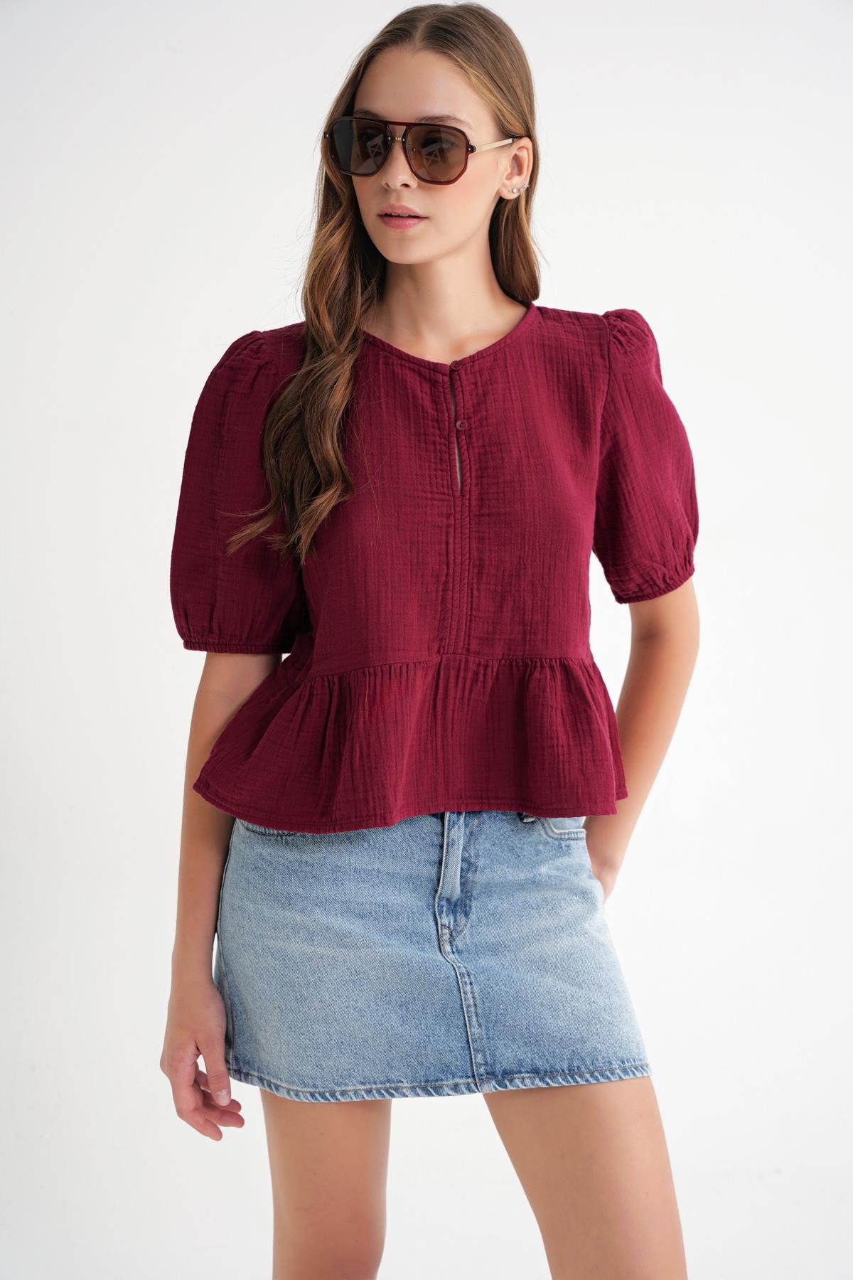 4713 Kadın Beli Büzgülü Kolu Lastikli Bol Müslin Bluz Bordo