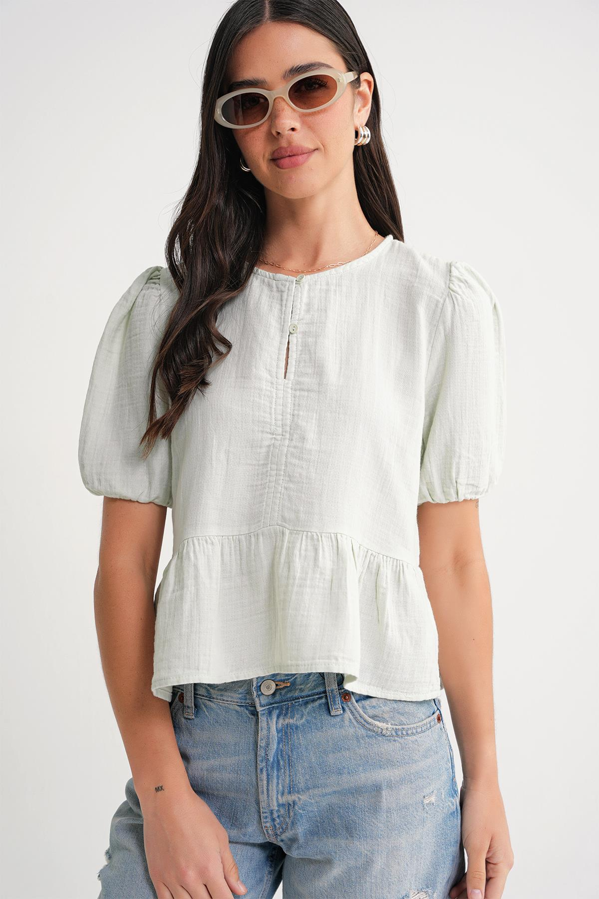 4713 Kadın Beli Büzgülü Kolu Lastikli Bol Müslin Bluz Adaçayı