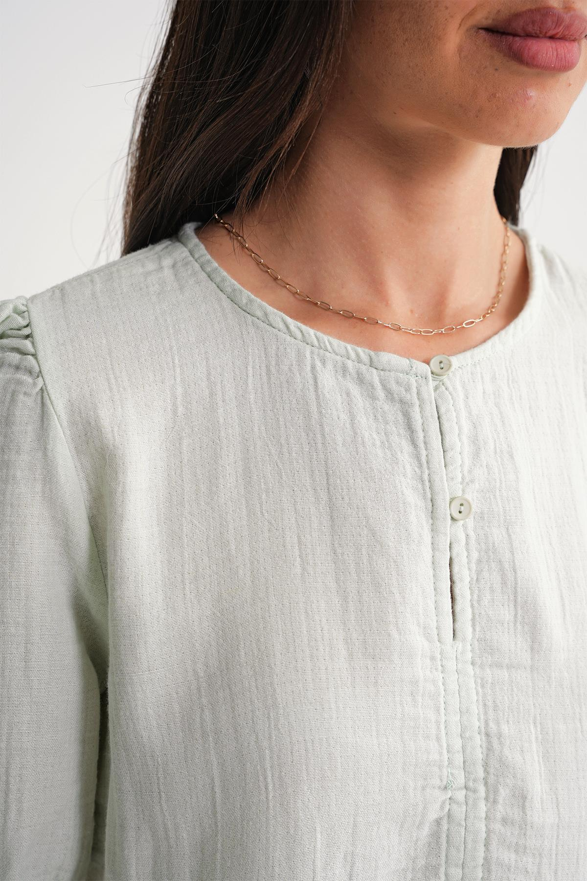 4713 Kadın Beli Büzgülü Kolu Lastikli Bol Müslin Bluz Adaçayı