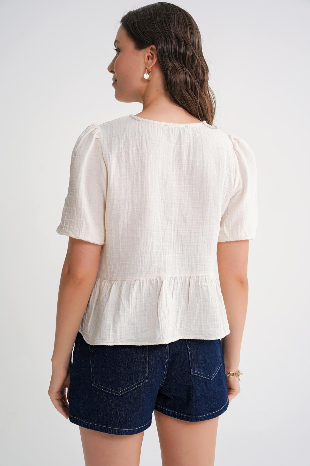 4713 Kadın Beli Büzgülü Kolu Lastikli Bol Müslin Bluz Naturel