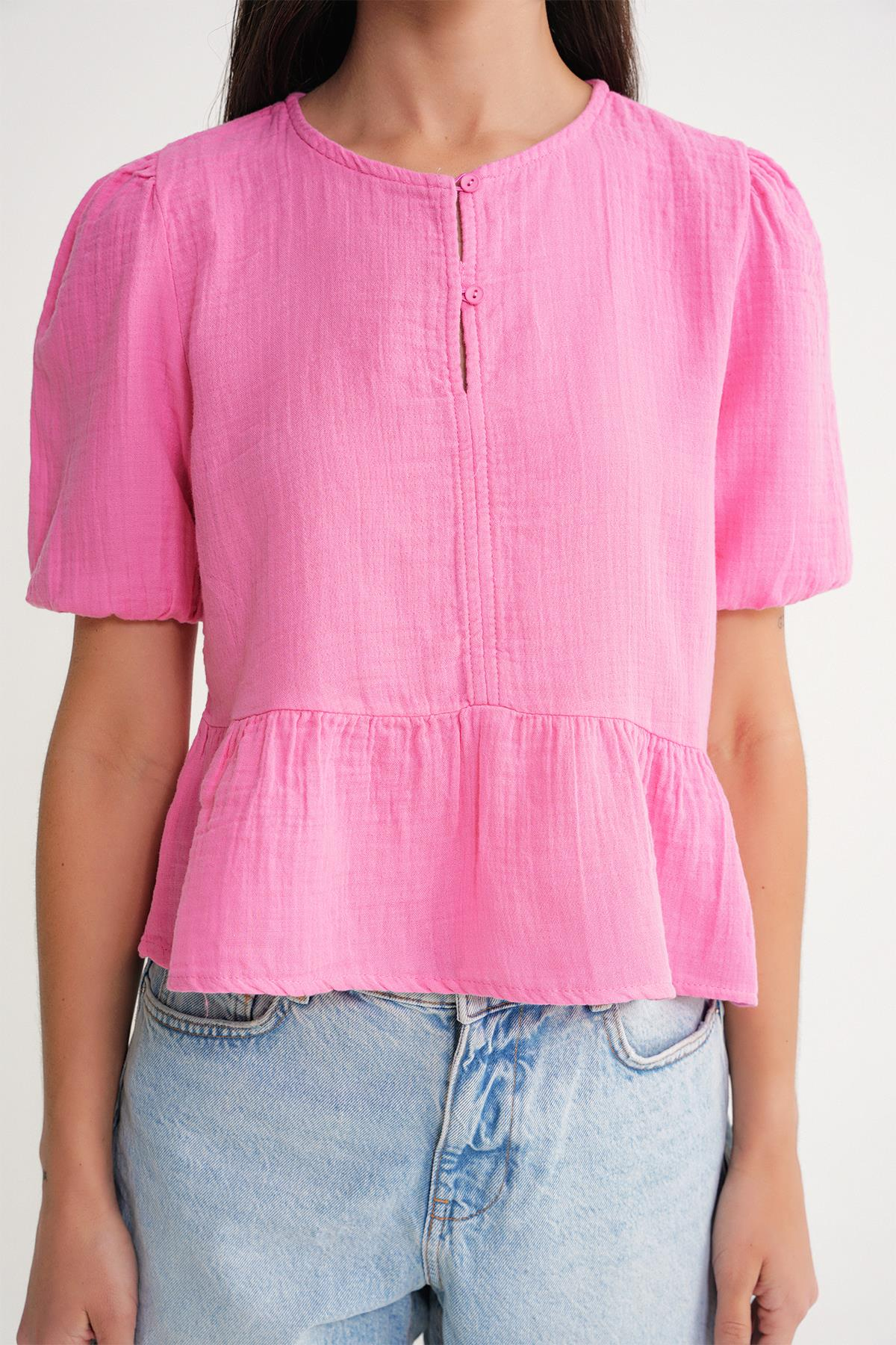 4713 Kadın Beli Büzgülü Kolu Lastikli Bol Müslin Bluz Pembe