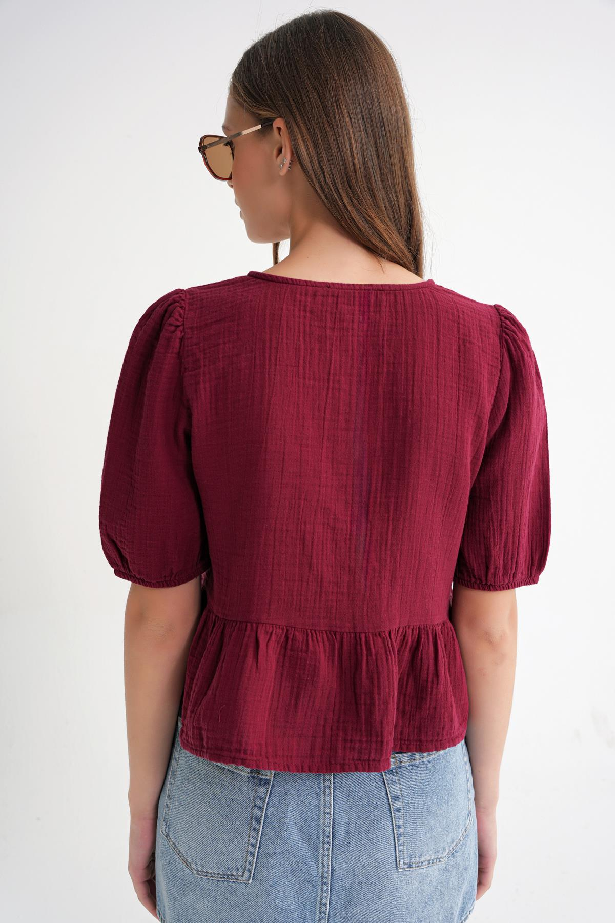 4713 Kadın Beli Büzgülü Kolu Lastikli Bol Müslin Bluz Bordo
