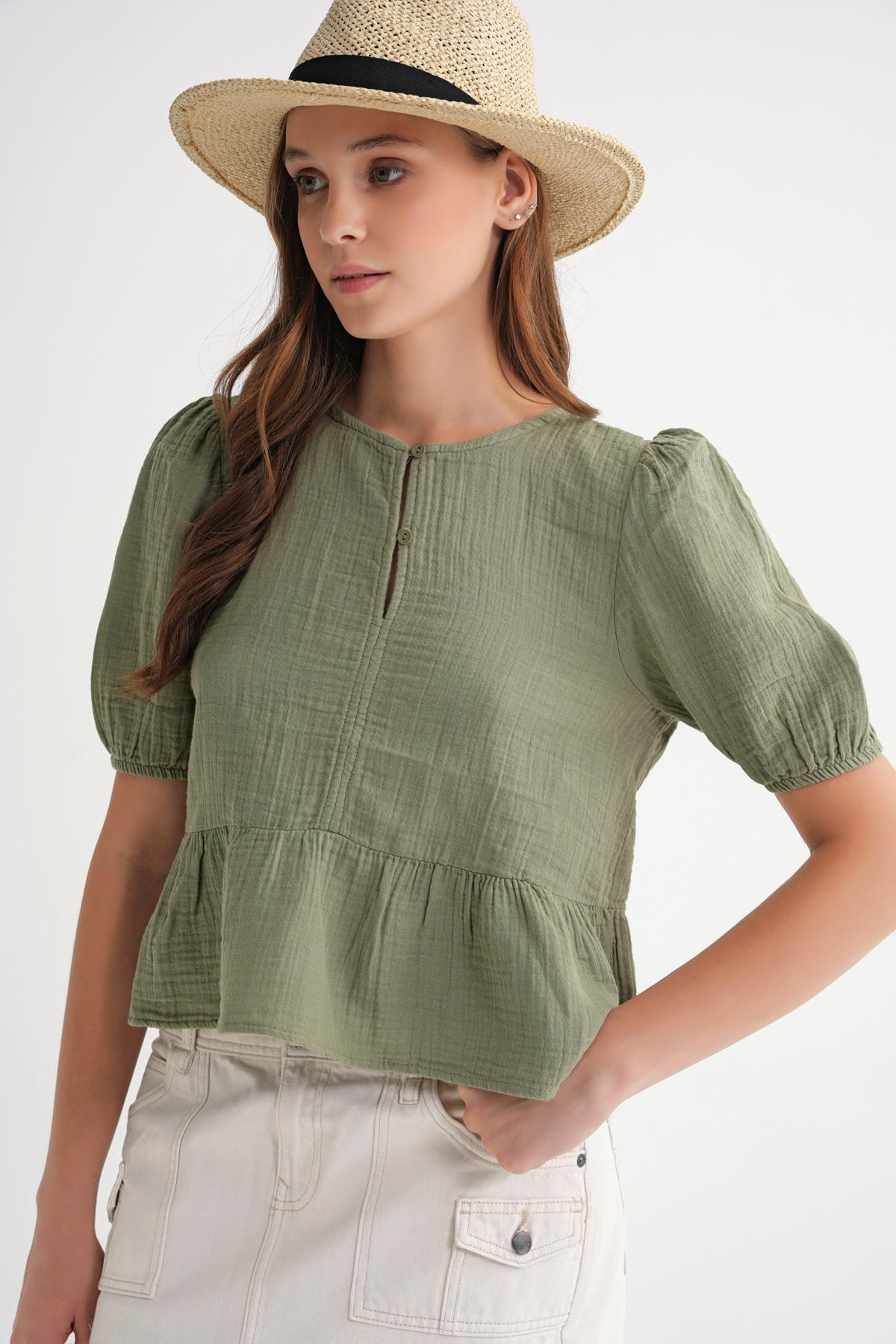 4713 Kadın Beli Büzgülü Kolu Lastikli Bol Müslin Bluz Çağla