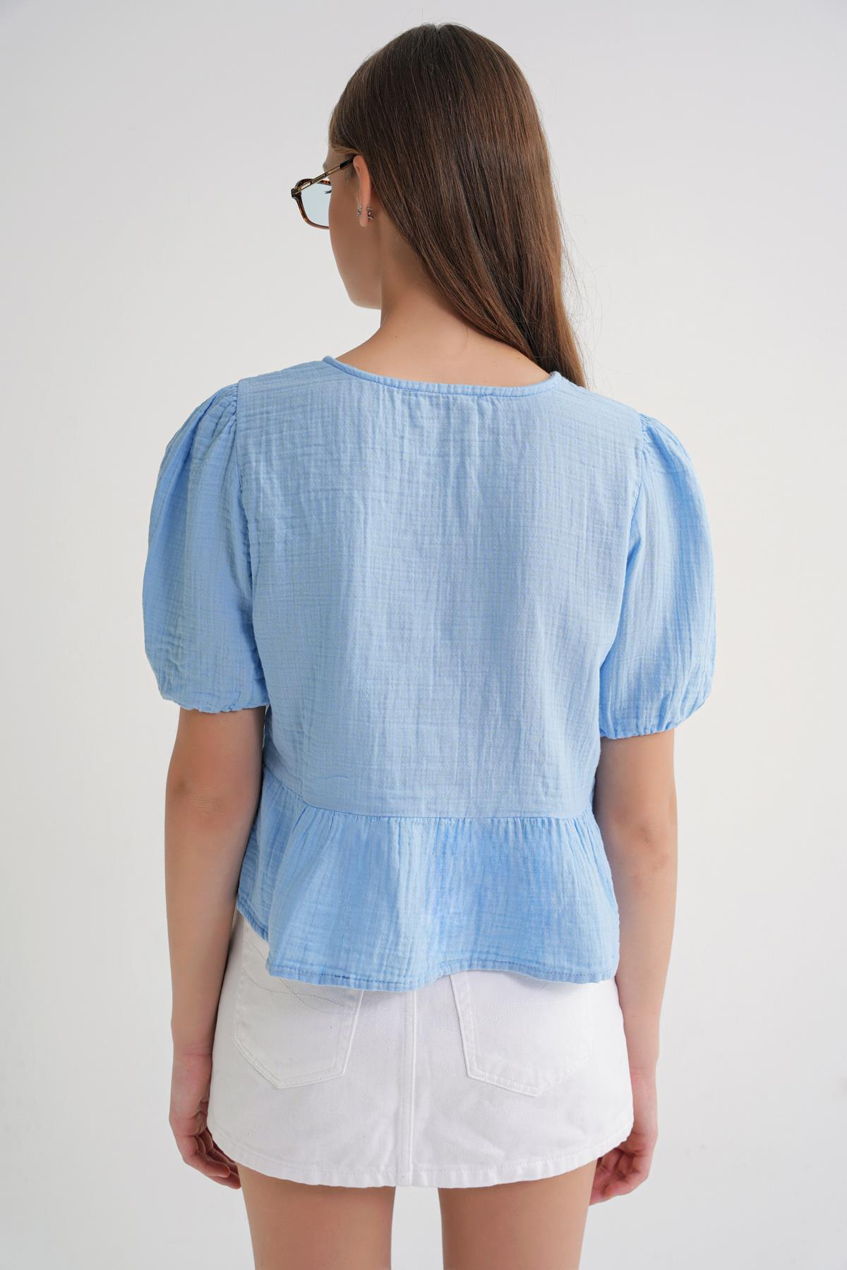 4713 Kadın Beli Büzgülü Kolu Lastikli Bol Müslin Bluz Bebe Mavi