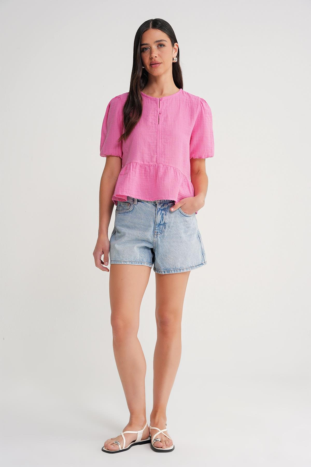 4713 Kadın Beli Büzgülü Kolu Lastikli Bol Müslin Bluz Pembe