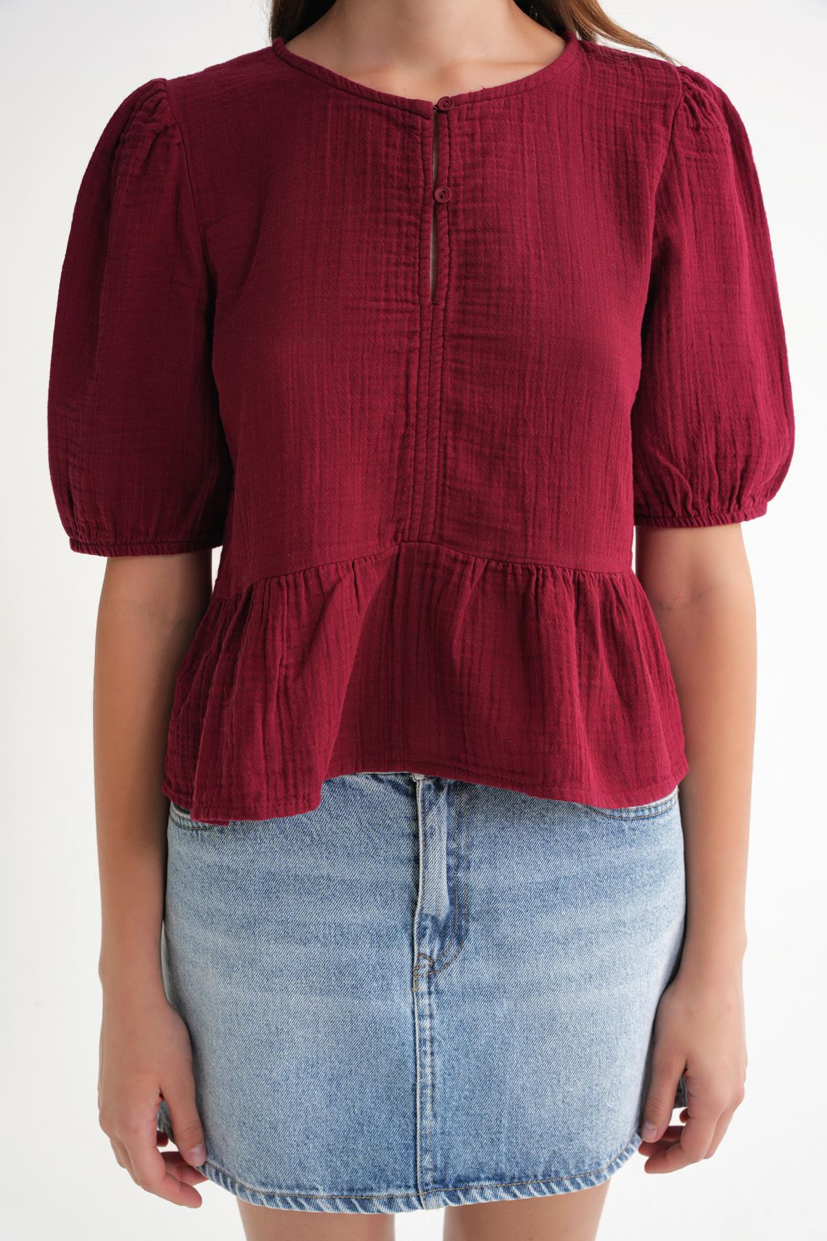 4713 Kadın Beli Büzgülü Kolu Lastikli Bol Müslin Bluz Bordo