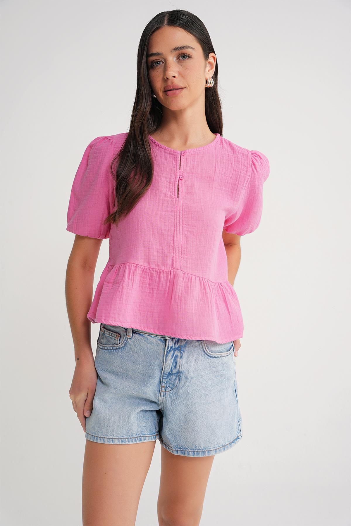 4713 Kadın Beli Büzgülü Kolu Lastikli Bol Müslin Bluz Pembe