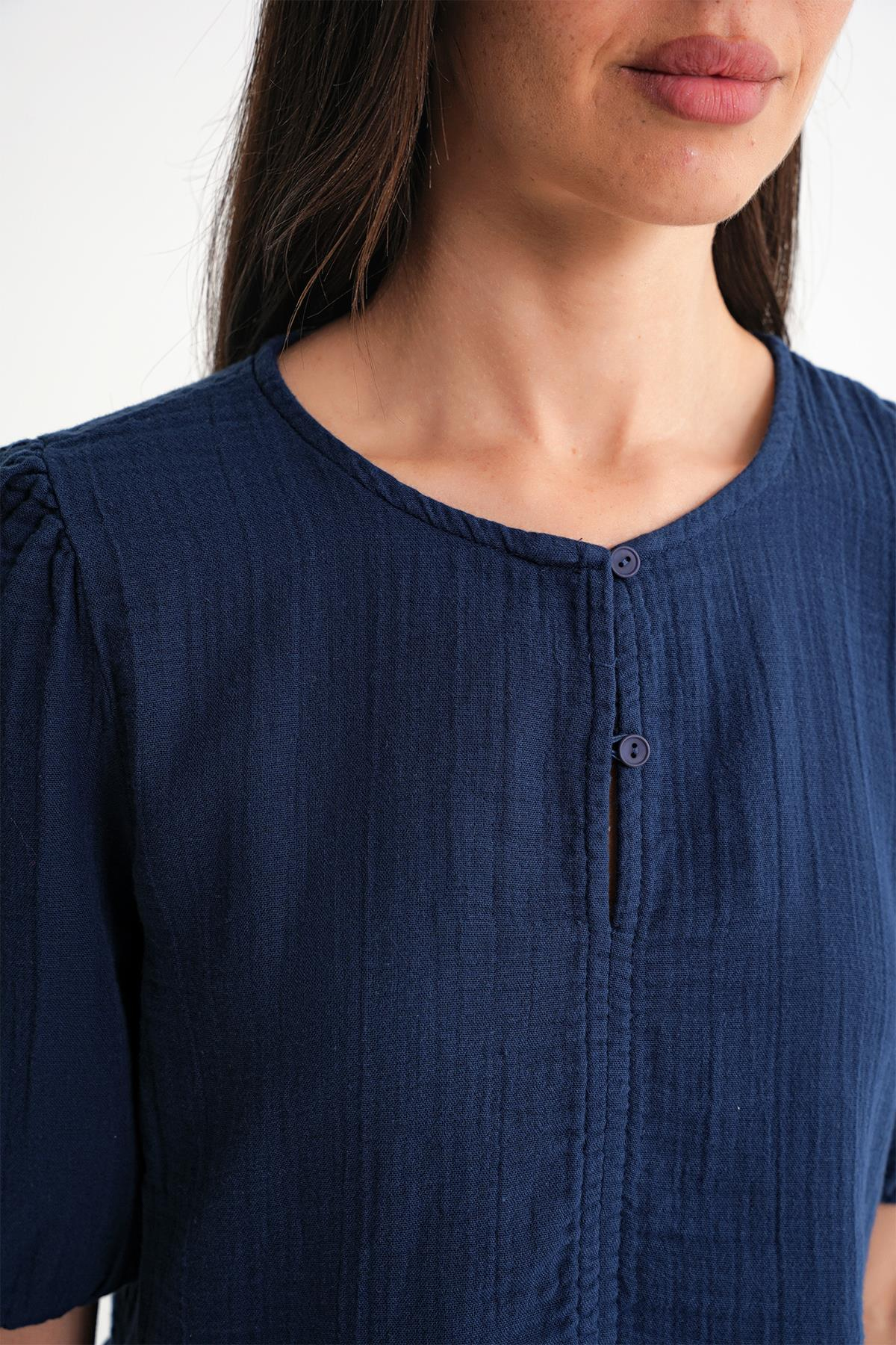 4713 Kadın Beli Büzgülü Kolu Lastikli Bol Müslin Bluz Lacivert