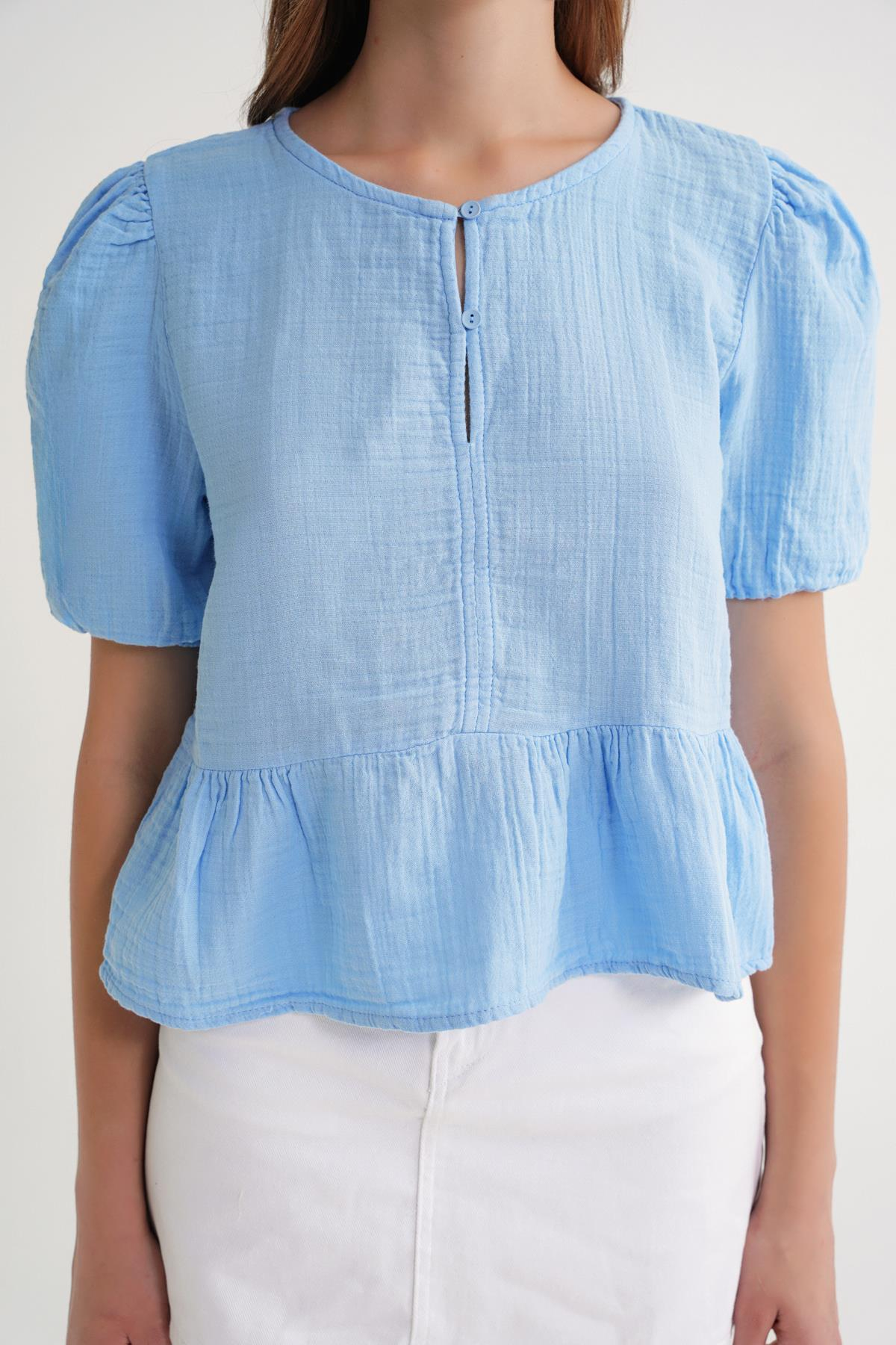 4713 Kadın Beli Büzgülü Kolu Lastikli Bol Müslin Bluz Bebe Mavi