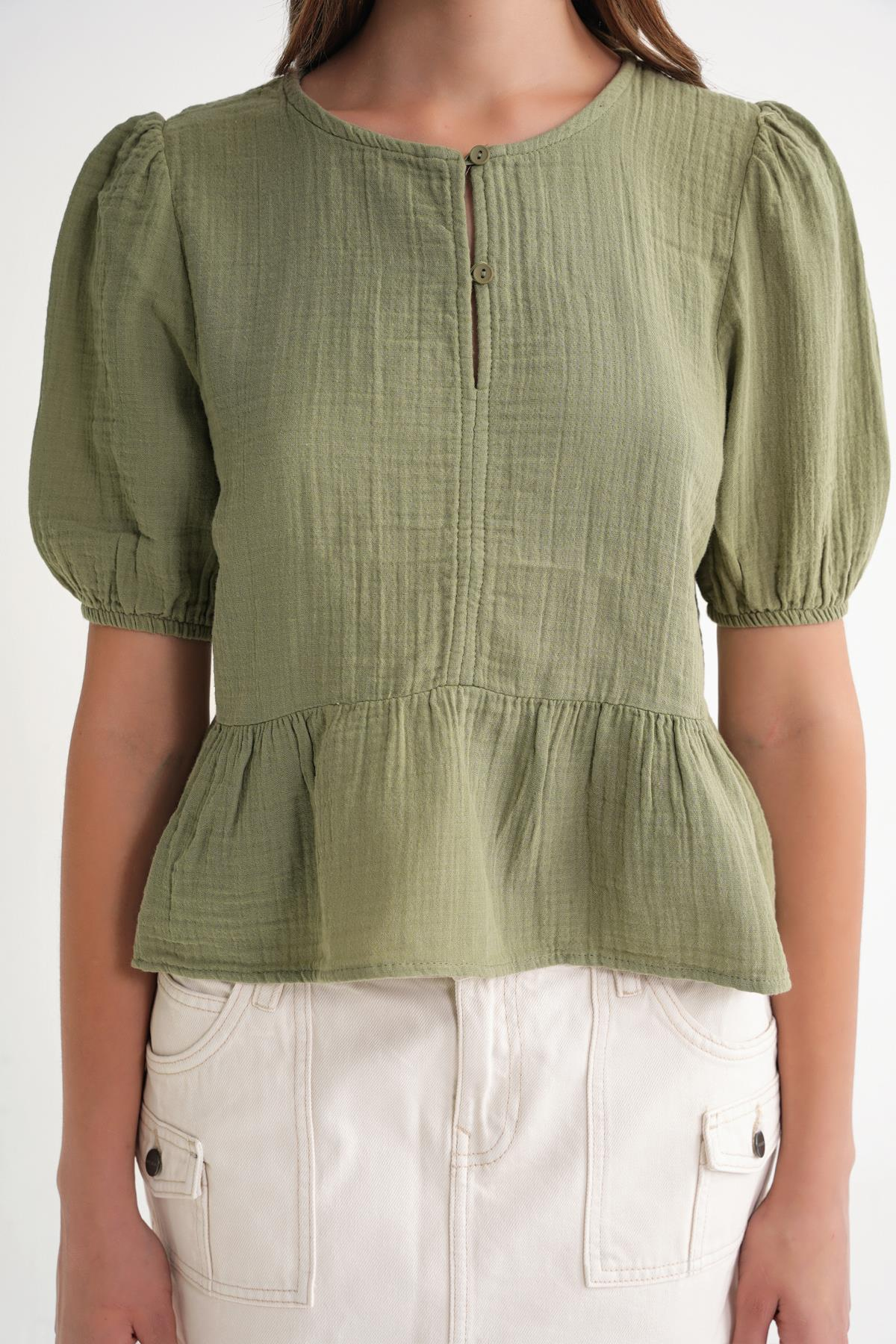 4713 Kadın Beli Büzgülü Kolu Lastikli Bol Müslin Bluz Çağla