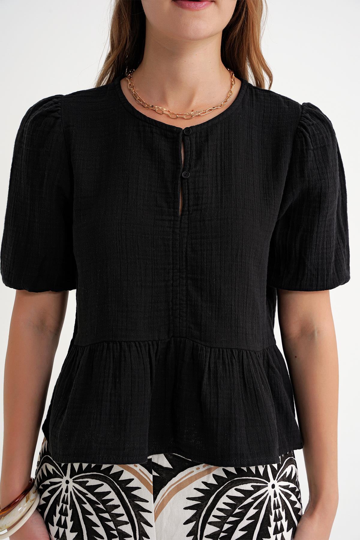 4713 Kadın Beli Büzgülü Kolu Lastikli Bol Müslin Bluz Siyah