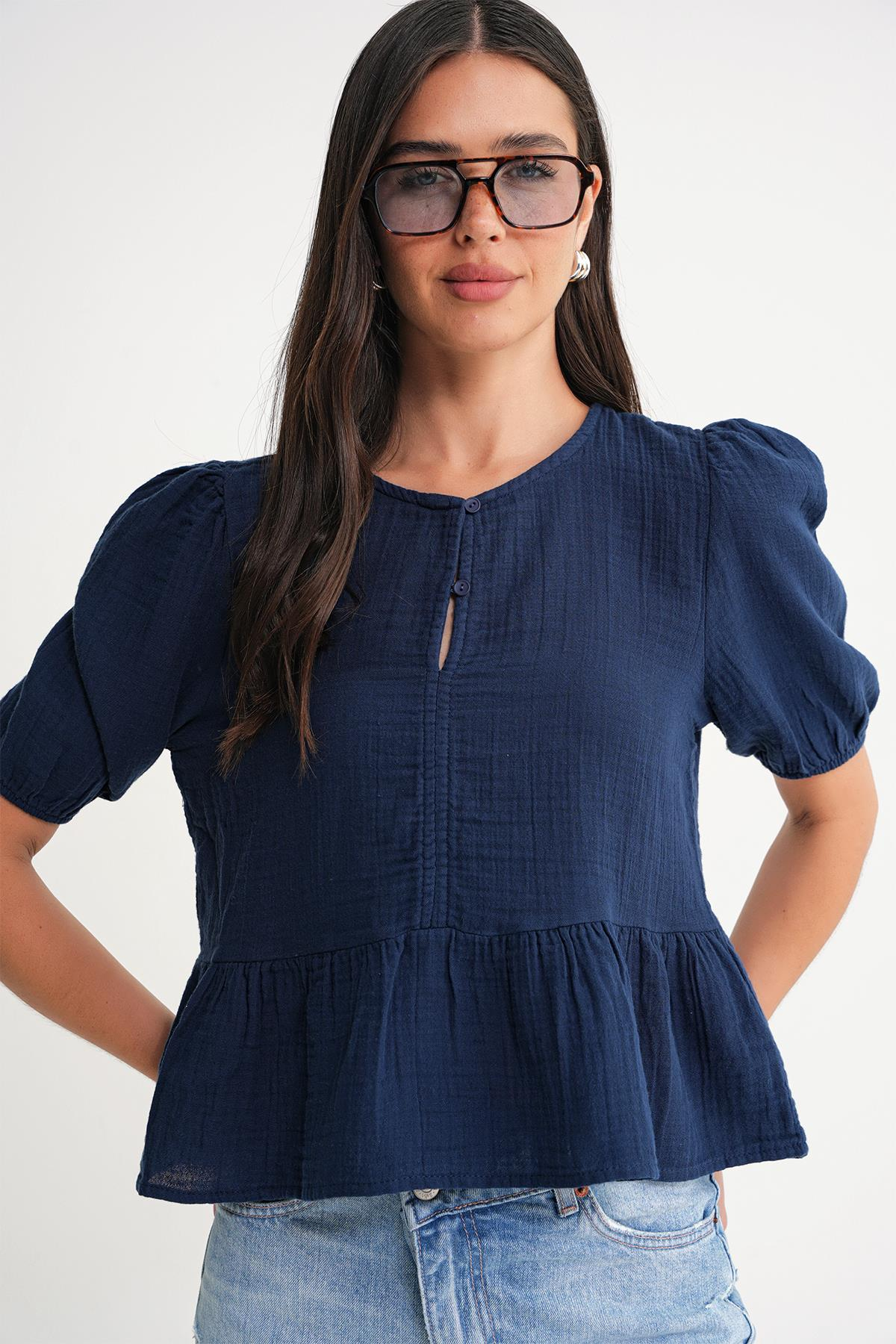 4713 Kadın Beli Büzgülü Kolu Lastikli Bol Müslin Bluz Lacivert