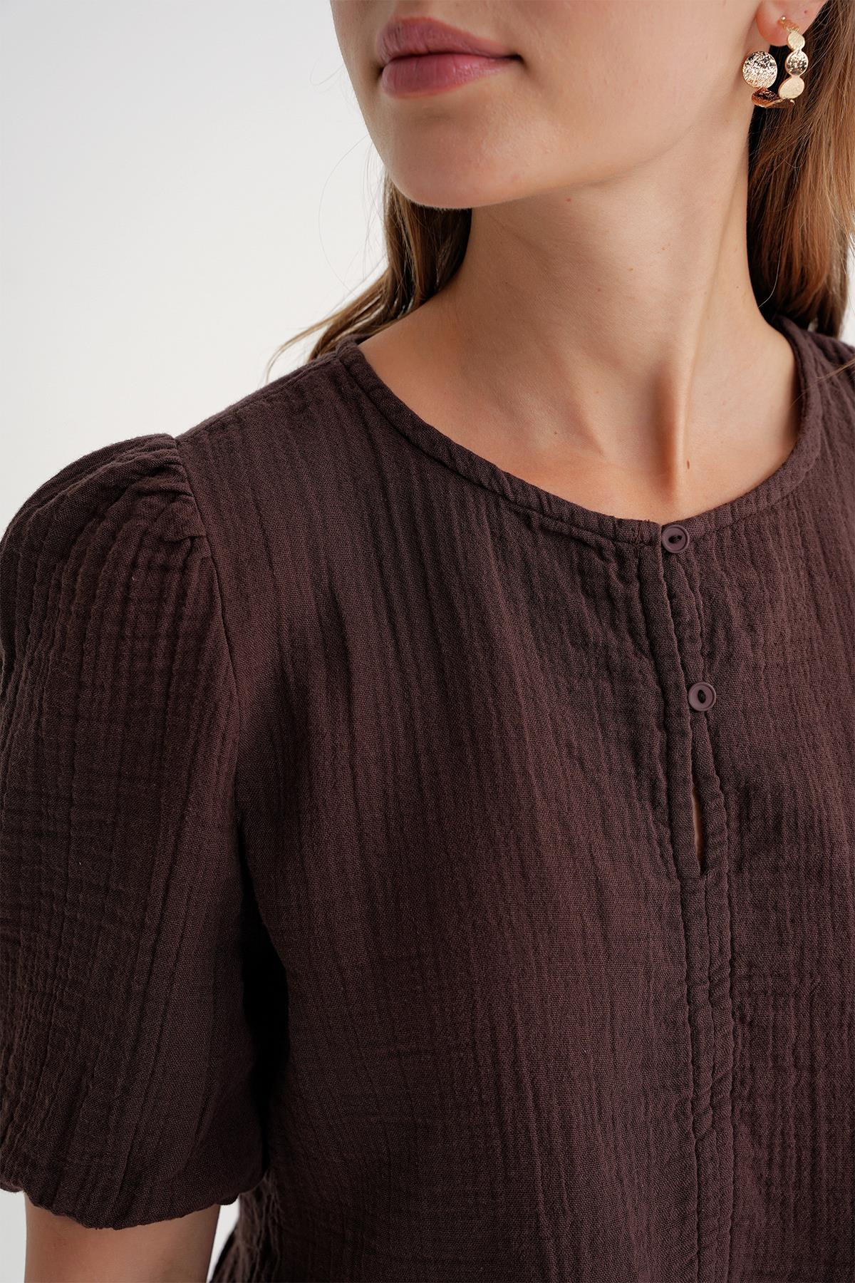 4713 Kadın Beli Büzgülü Kolu Lastikli Bol Müslin Bluz Kahve