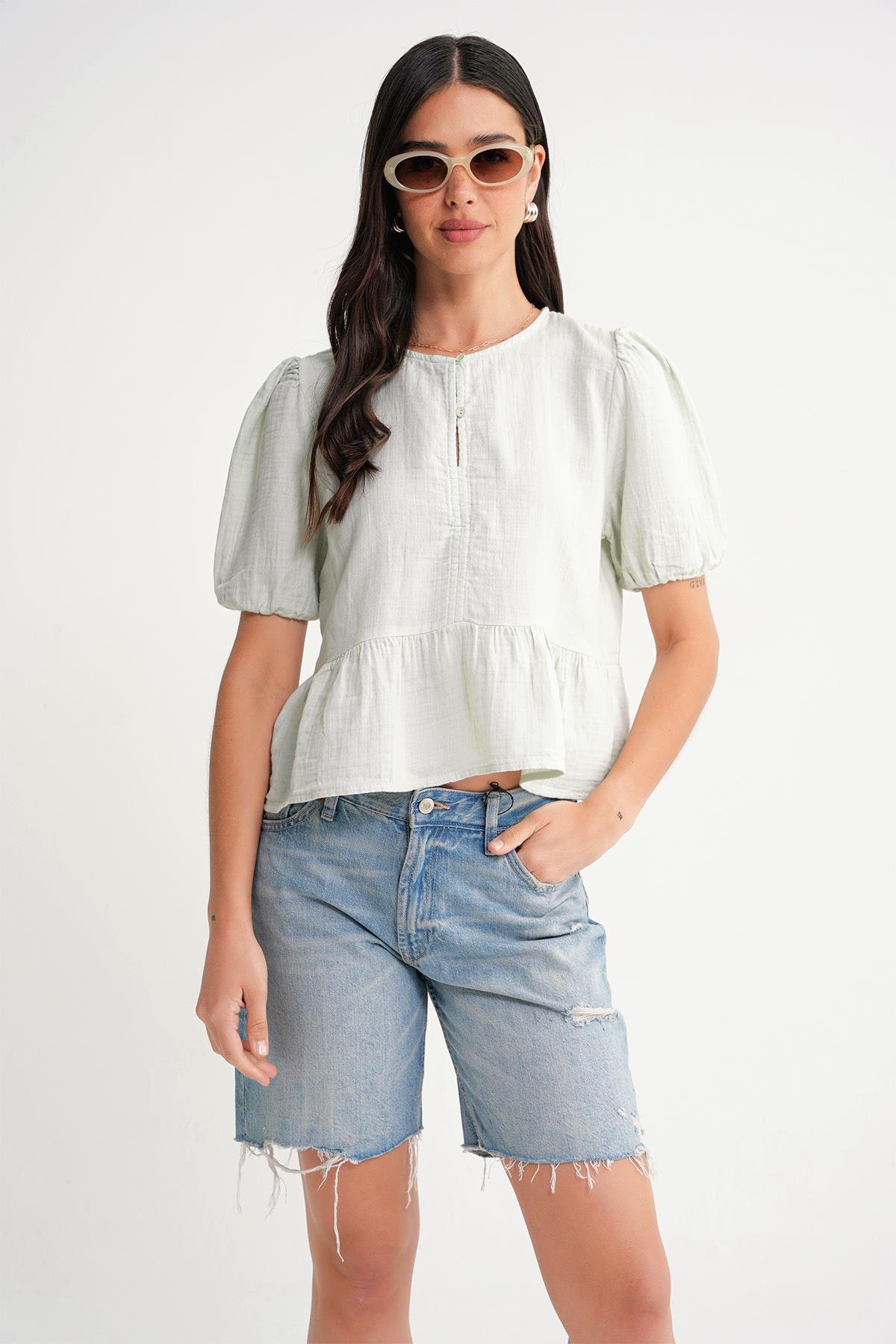 4713 Kadın Beli Büzgülü Kolu Lastikli Bol Müslin Bluz Adaçayı