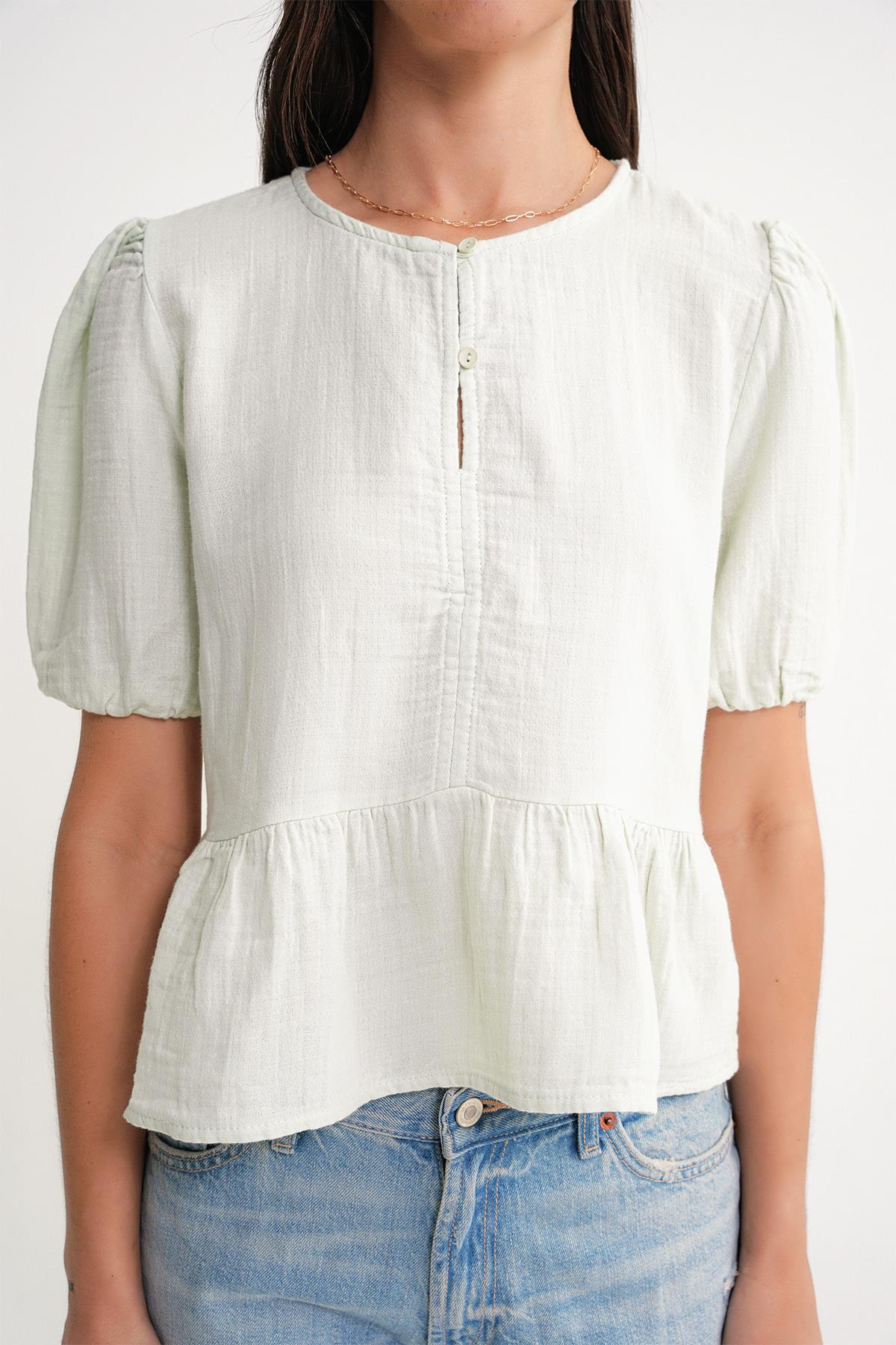 4713 Kadın Beli Büzgülü Kolu Lastikli Bol Müslin Bluz Adaçayı