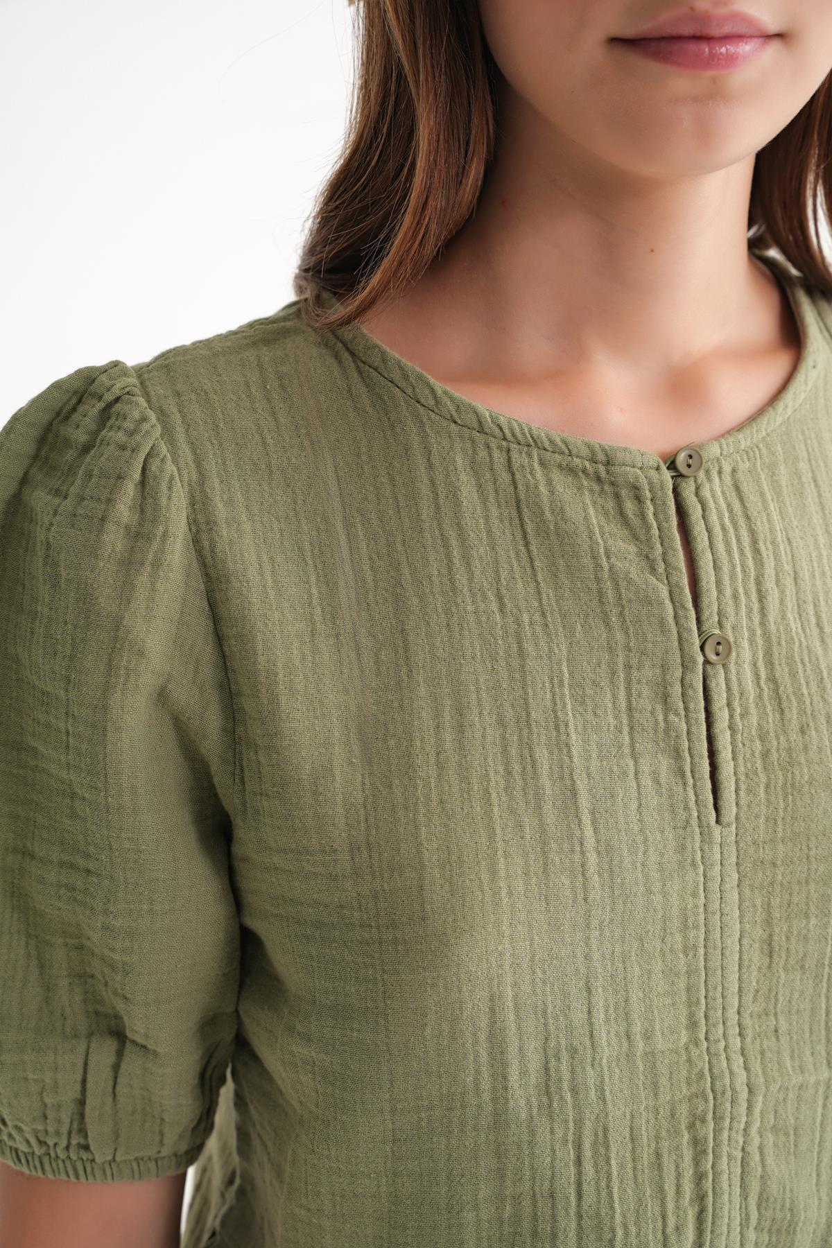 4713 Kadın Beli Büzgülü Kolu Lastikli Bol Müslin Bluz Çağla