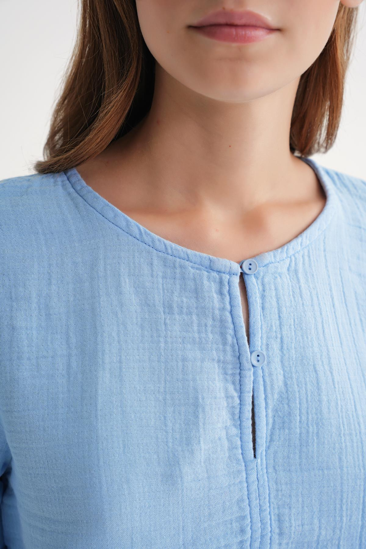 4713 Kadın Beli Büzgülü Kolu Lastikli Bol Müslin Bluz Bebe Mavi